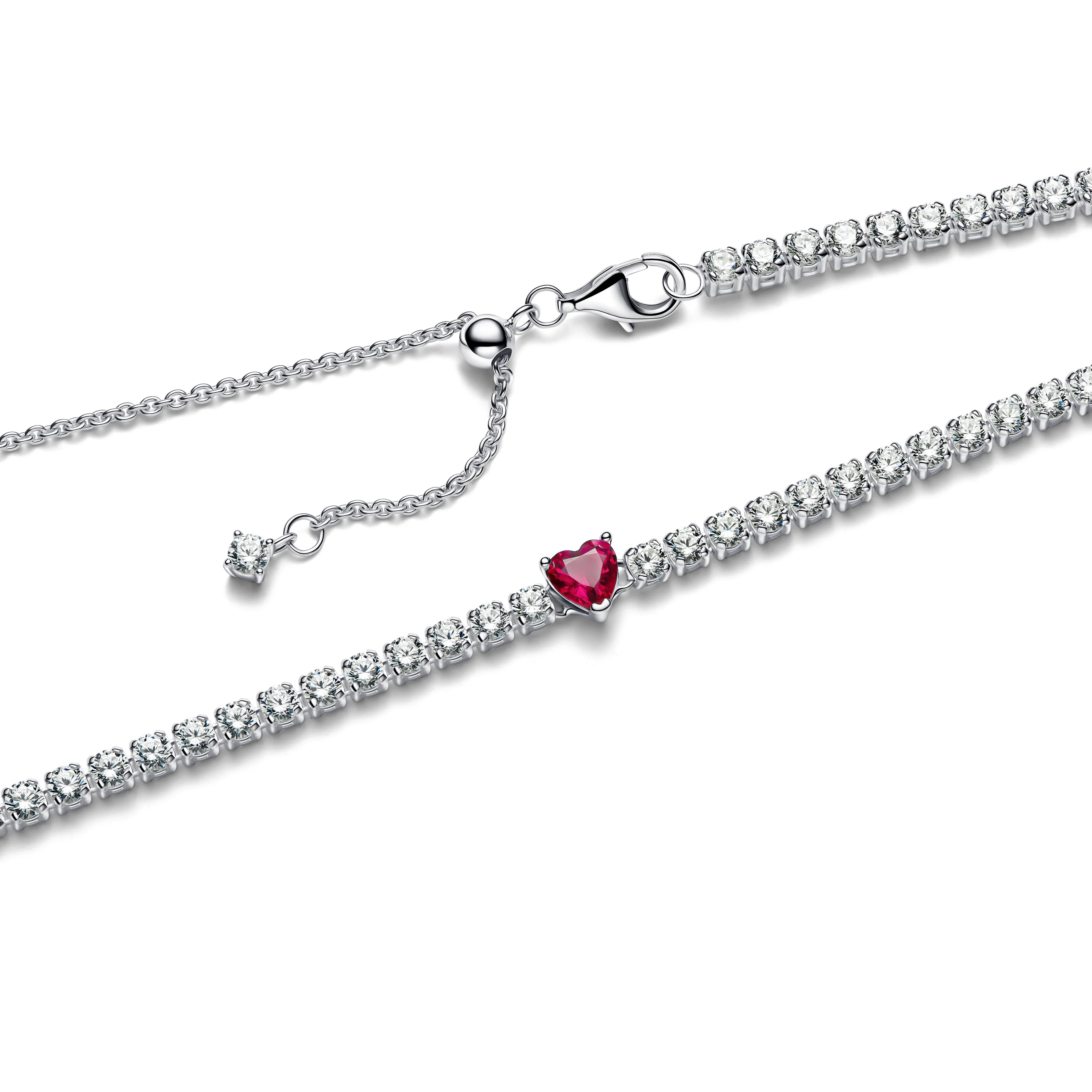 Heart Sterling Silver Choker Necklace With Cherries Jubilee Red Crystal And Clear Cubic Zirconia - Image 4