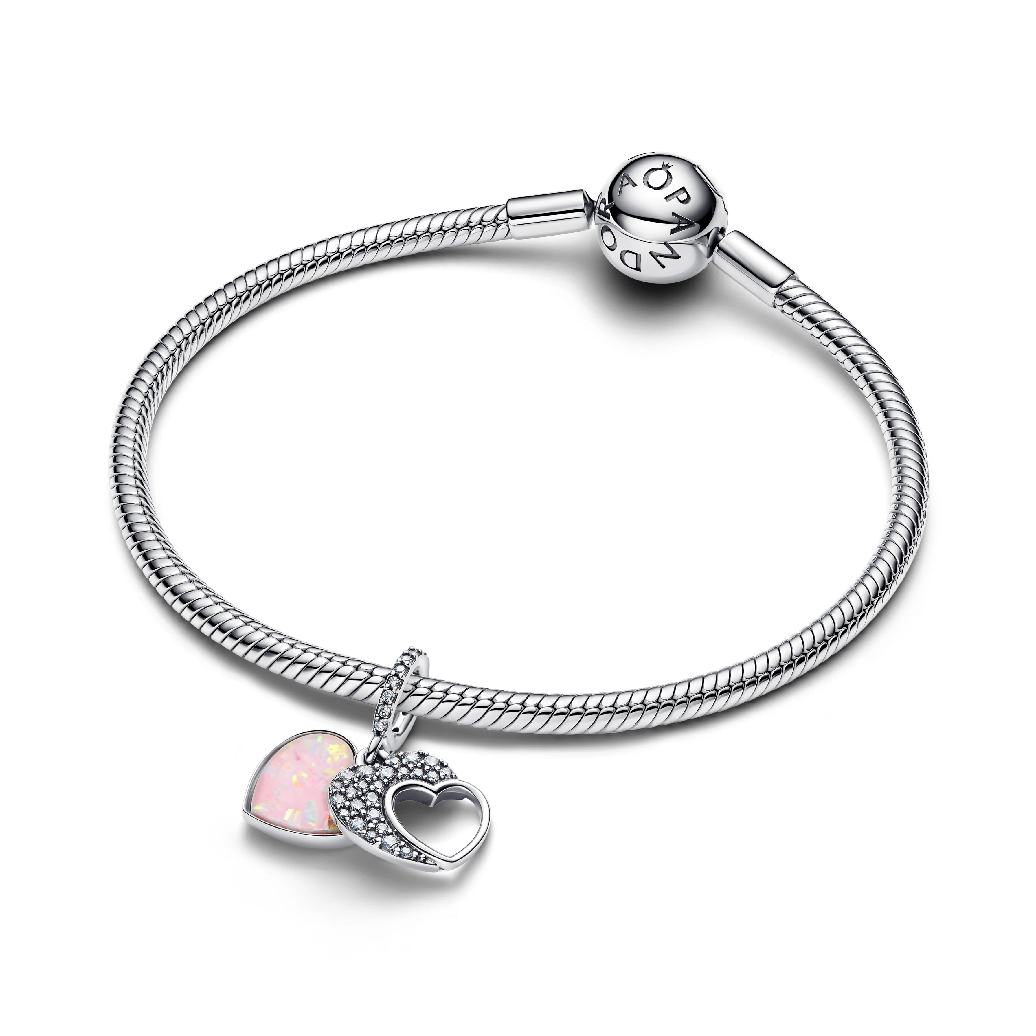 Heart Sterling Silver Double Dangle With Clear Cubic Zirconia And Pink Mosaic Lab-Created Opal And Resin - Image 3
