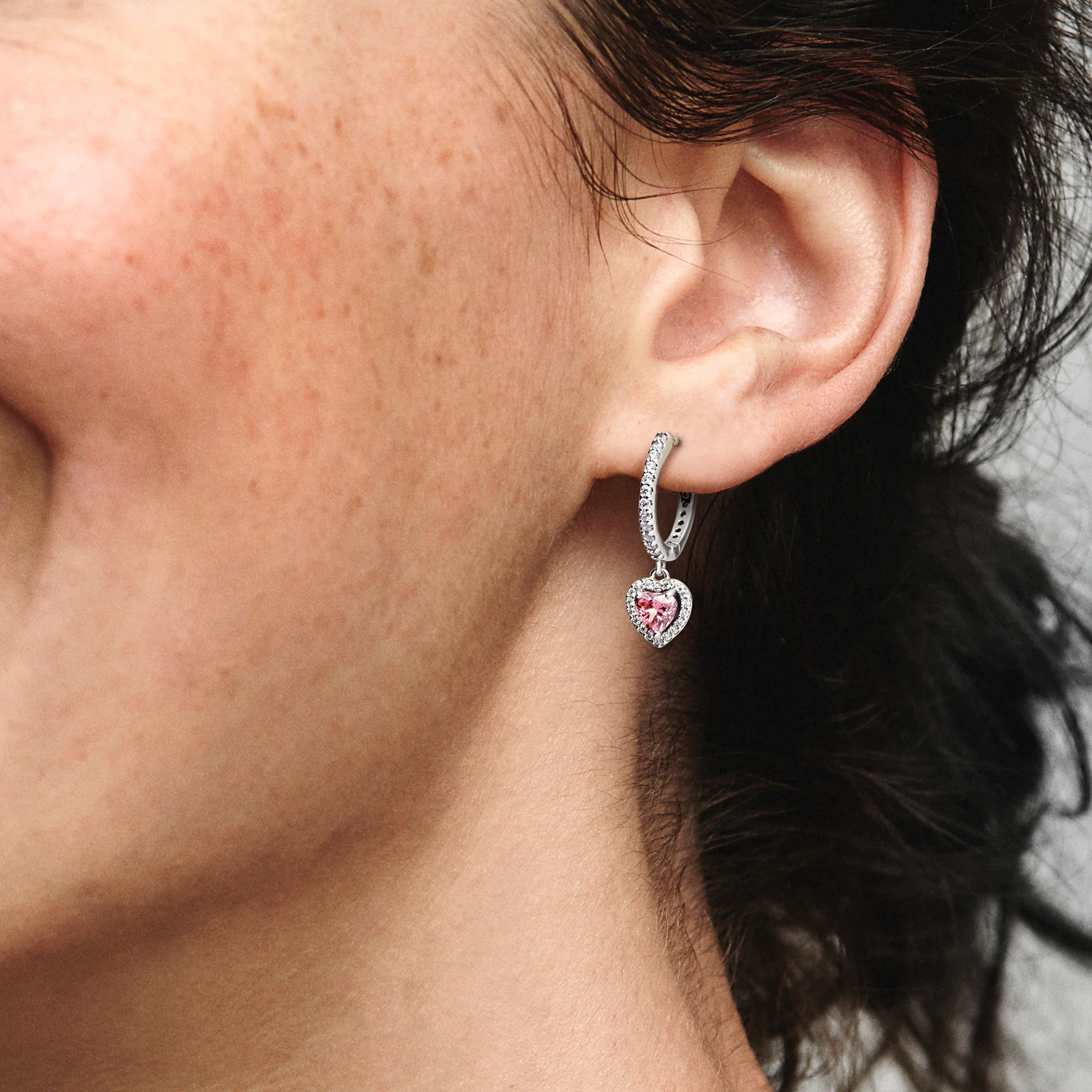 Heart Sterling Silver Hoop Earrings With Fancy Pink And Clear Cubic Zirconia - Image 3