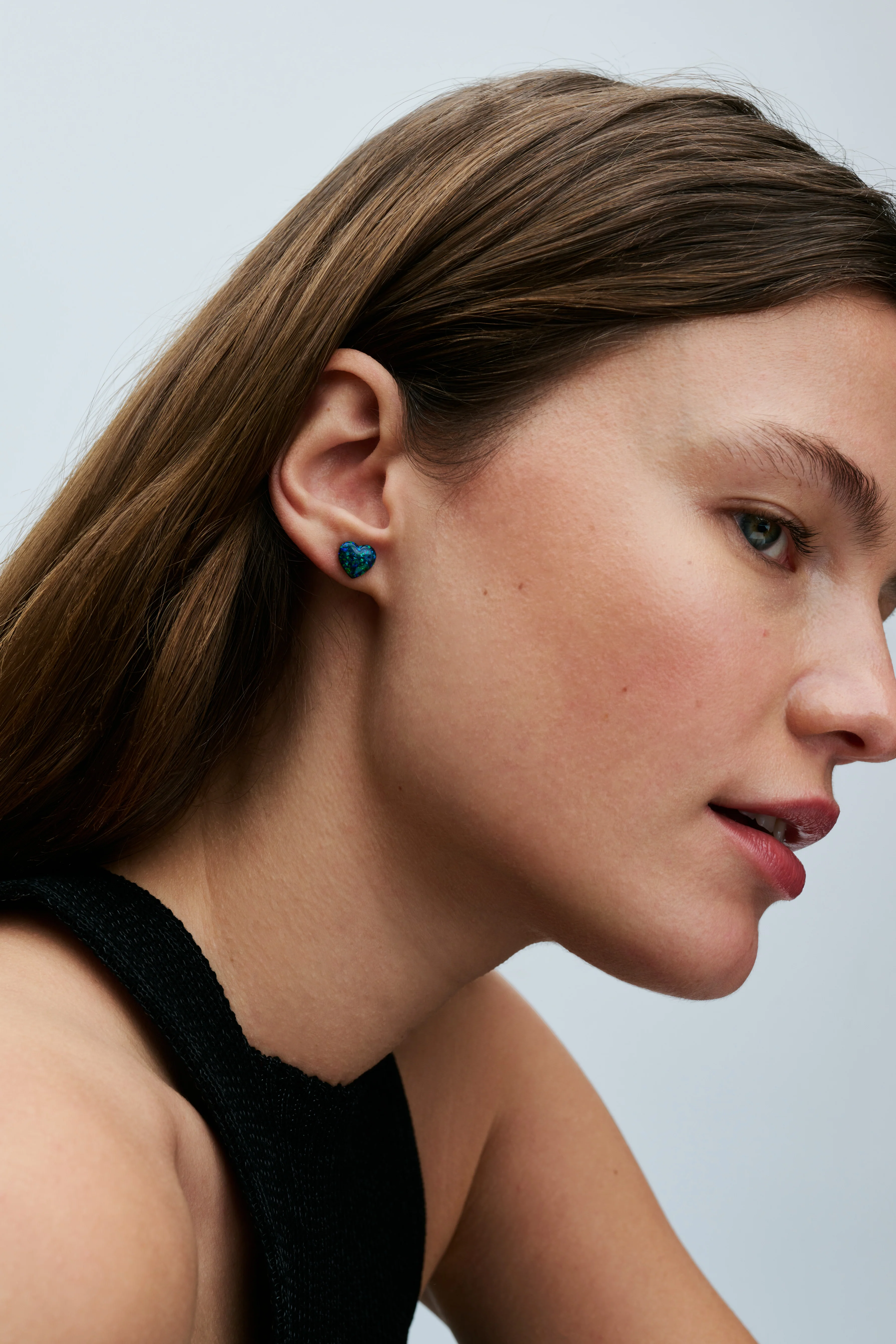 Heart Sterling Silver Stud Earrings With Green Blue Lab-Created Opal - Image 3