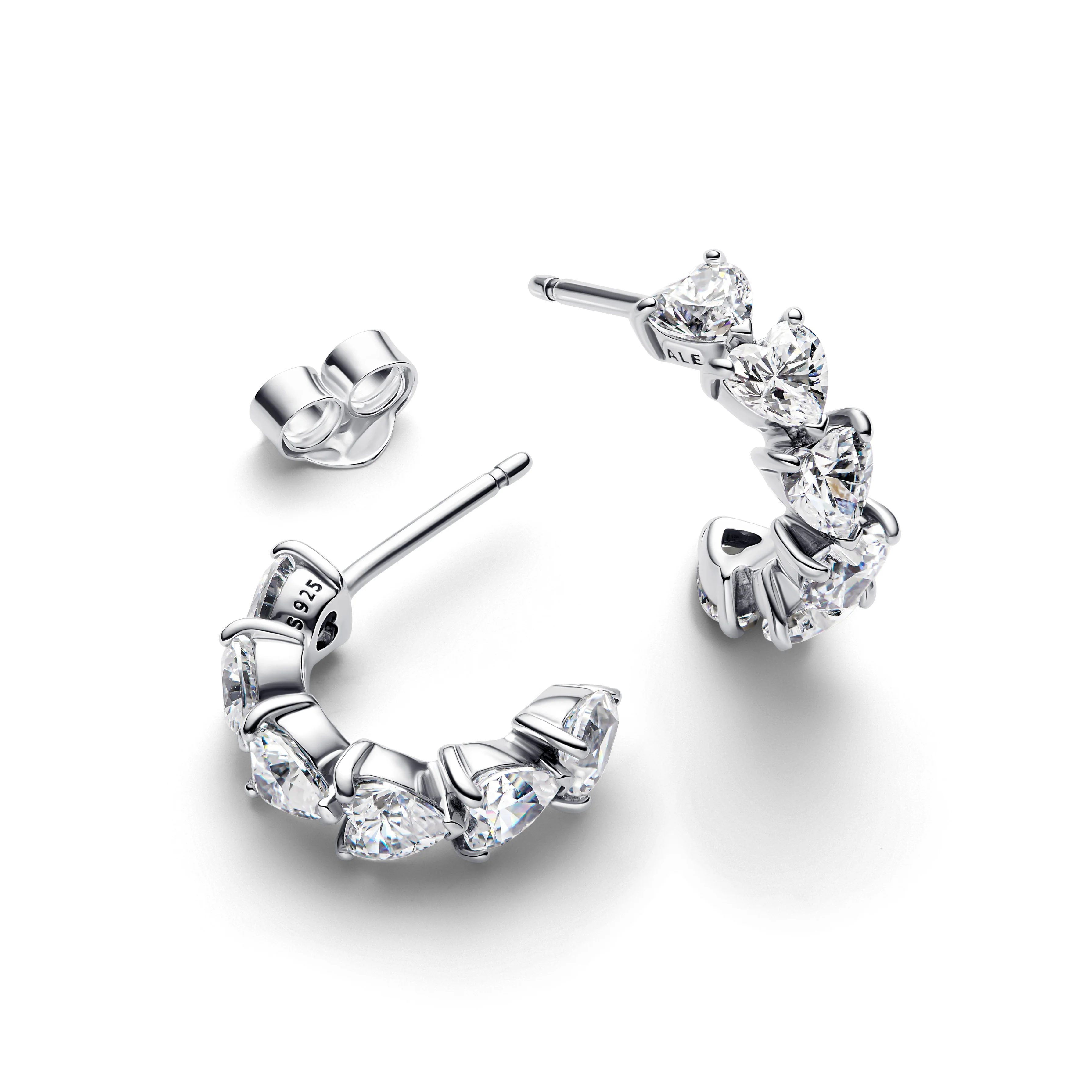 Hearts Sterling Silver Hoop Earrings With Clear Cubic Zirconia - Image 3