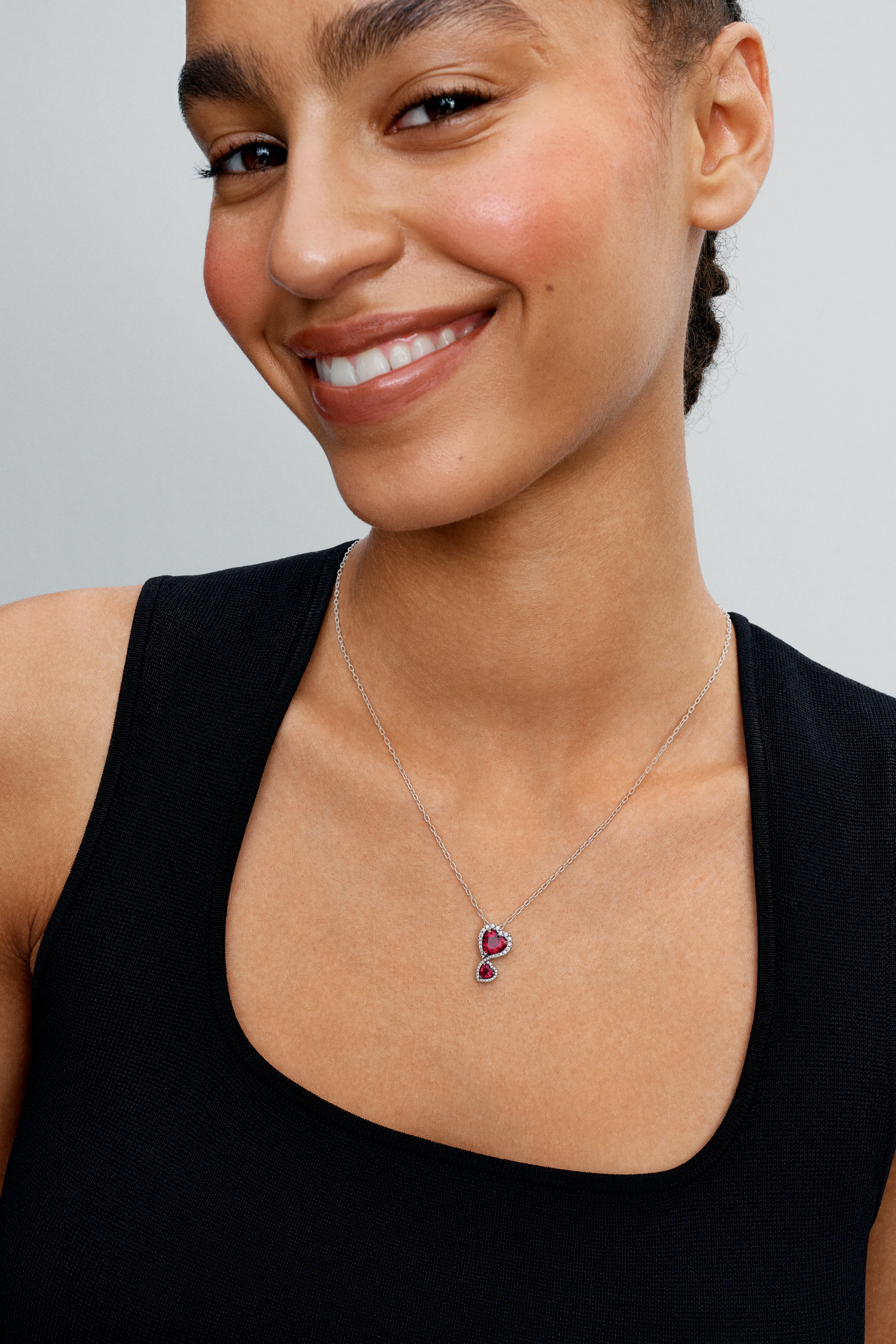 Hearts Sterling Silver Pendant Necklace With Cherries Jubilee Red Crystal And Clear Cubic Zirconia - Image 2