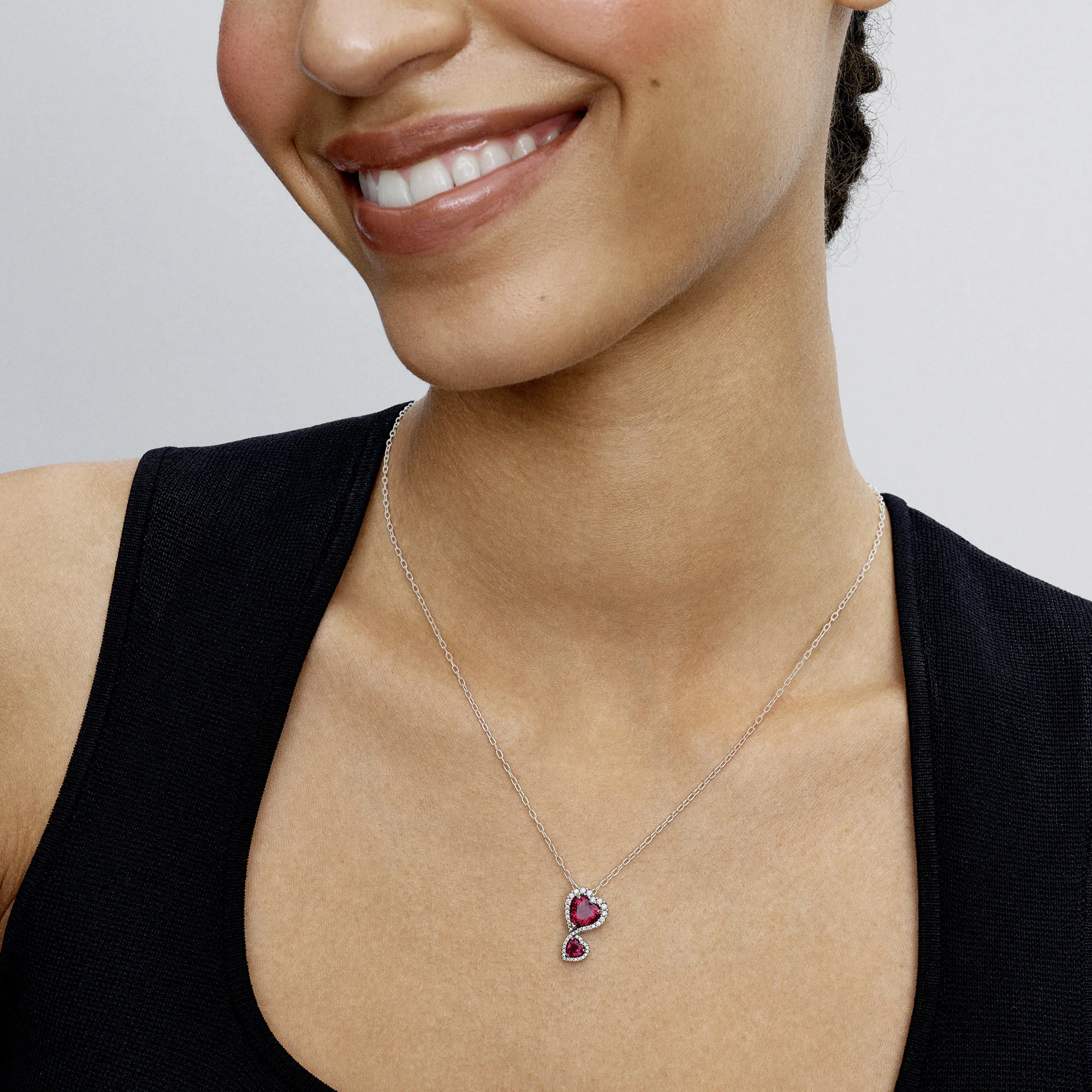 Hearts Sterling Silver Pendant Necklace With Cherries Jubilee Red Crystal And Clear Cubic Zirconia - Image 3