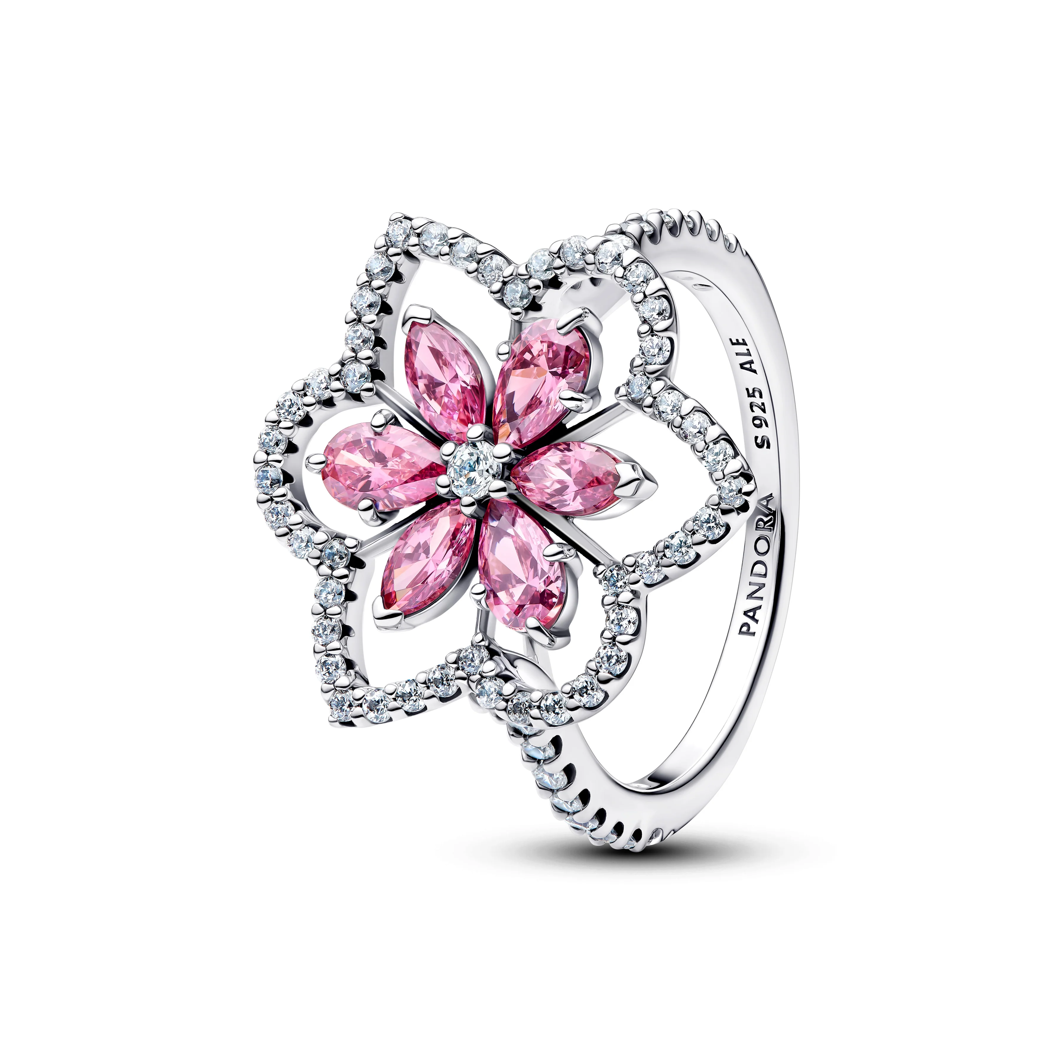 Herbarium Cluster Sterling Silver Ring With Fancy Pink And Clear Cubic Zirconia