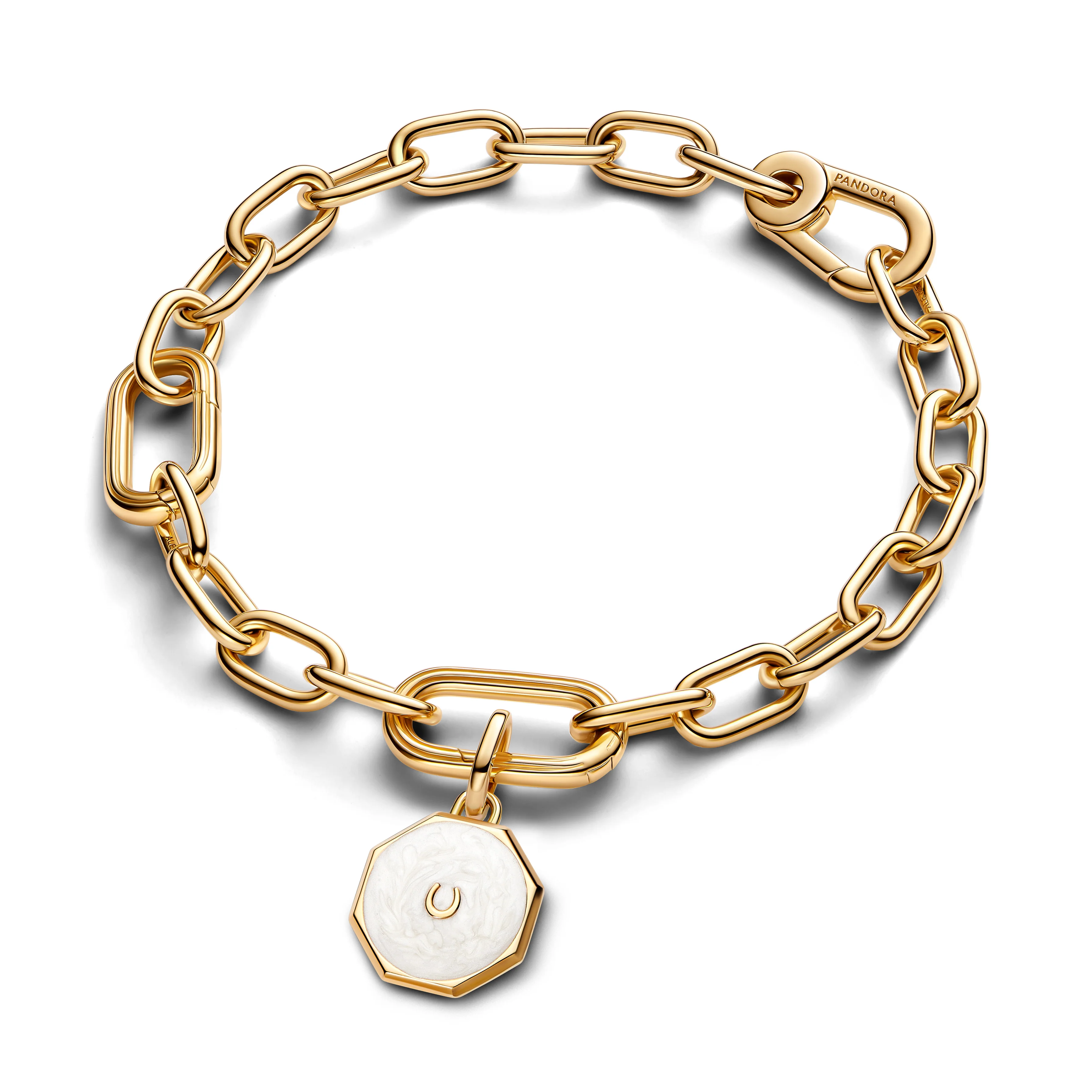 Horseshoe Octagon 14K Gold-Plated Medallion With Shimmering White Enamel - Image 5