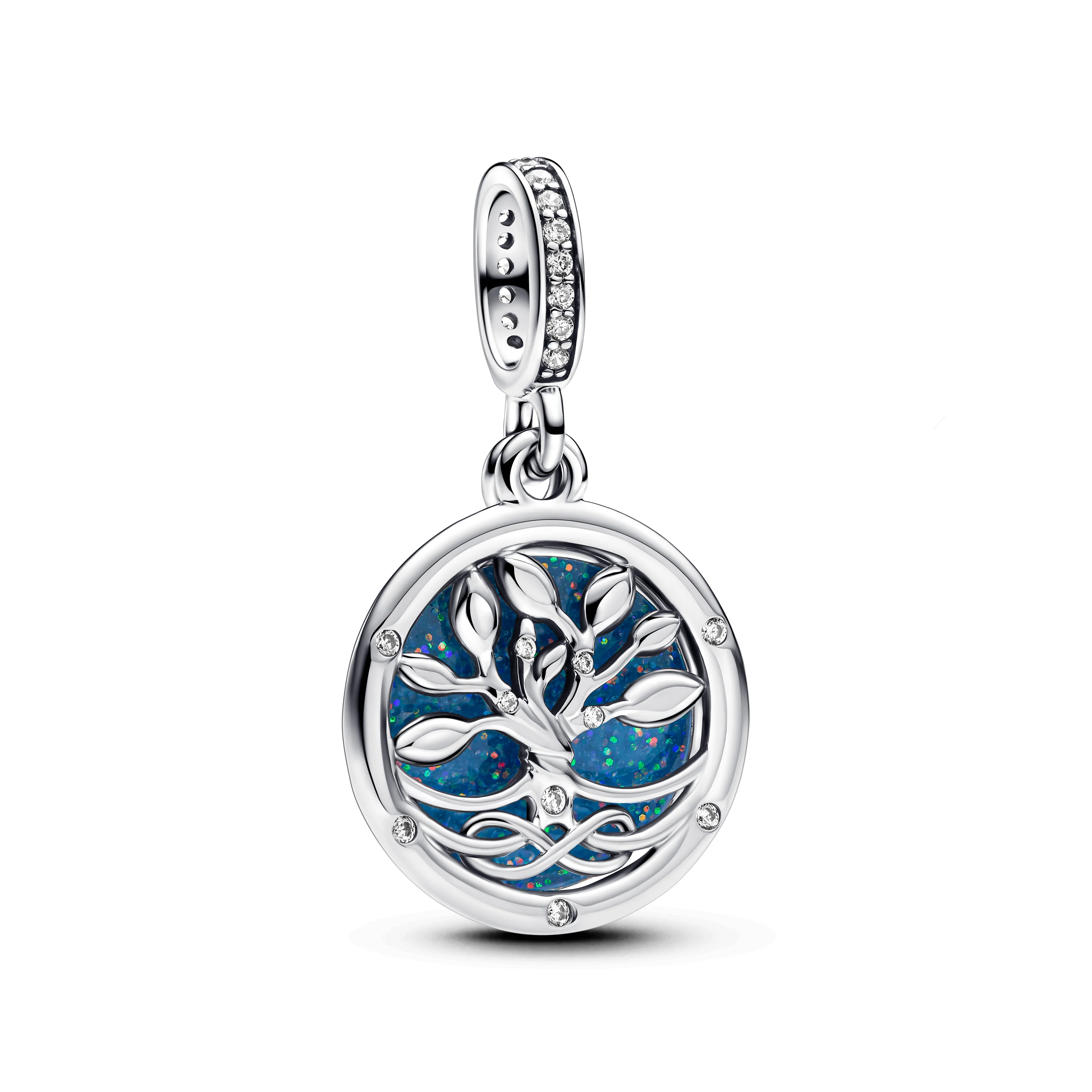 Infinity Tree Sterling Silver Double Dangle With Clear Cubic Zirconia And Glittery Glow In The Dark Blue Enamel