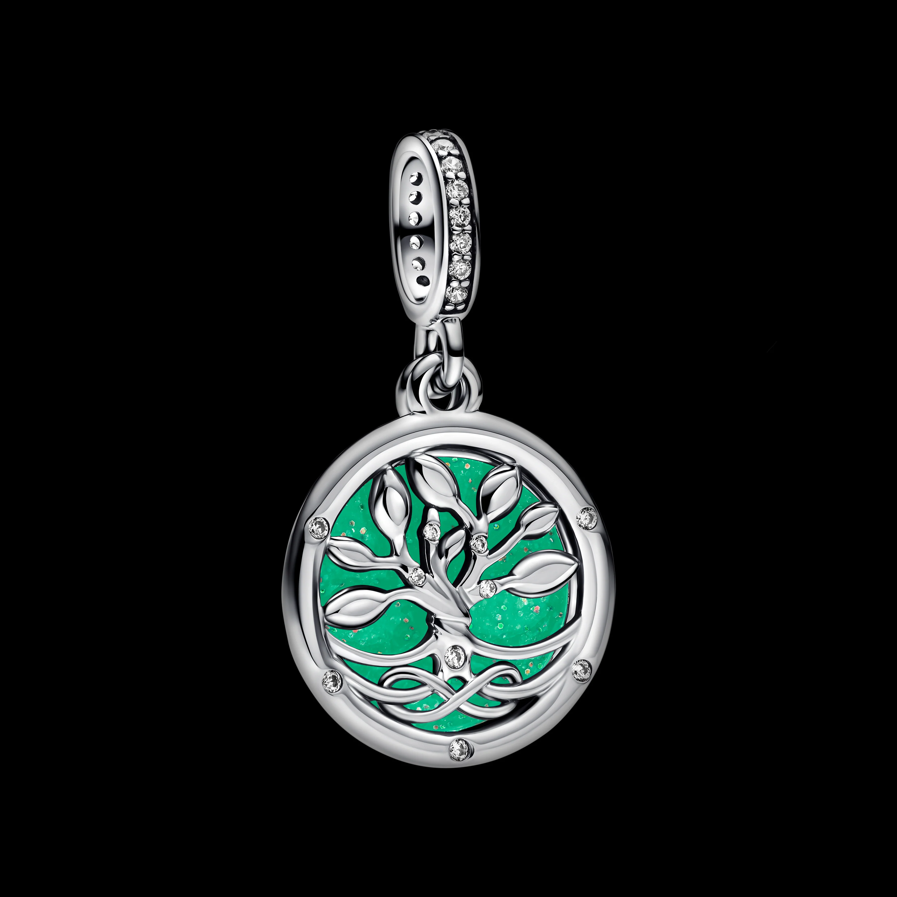 Infinity Tree Sterling Silver Double Dangle With Clear Cubic Zirconia And Glittery Glow In The Dark Blue Enamel - Image 4