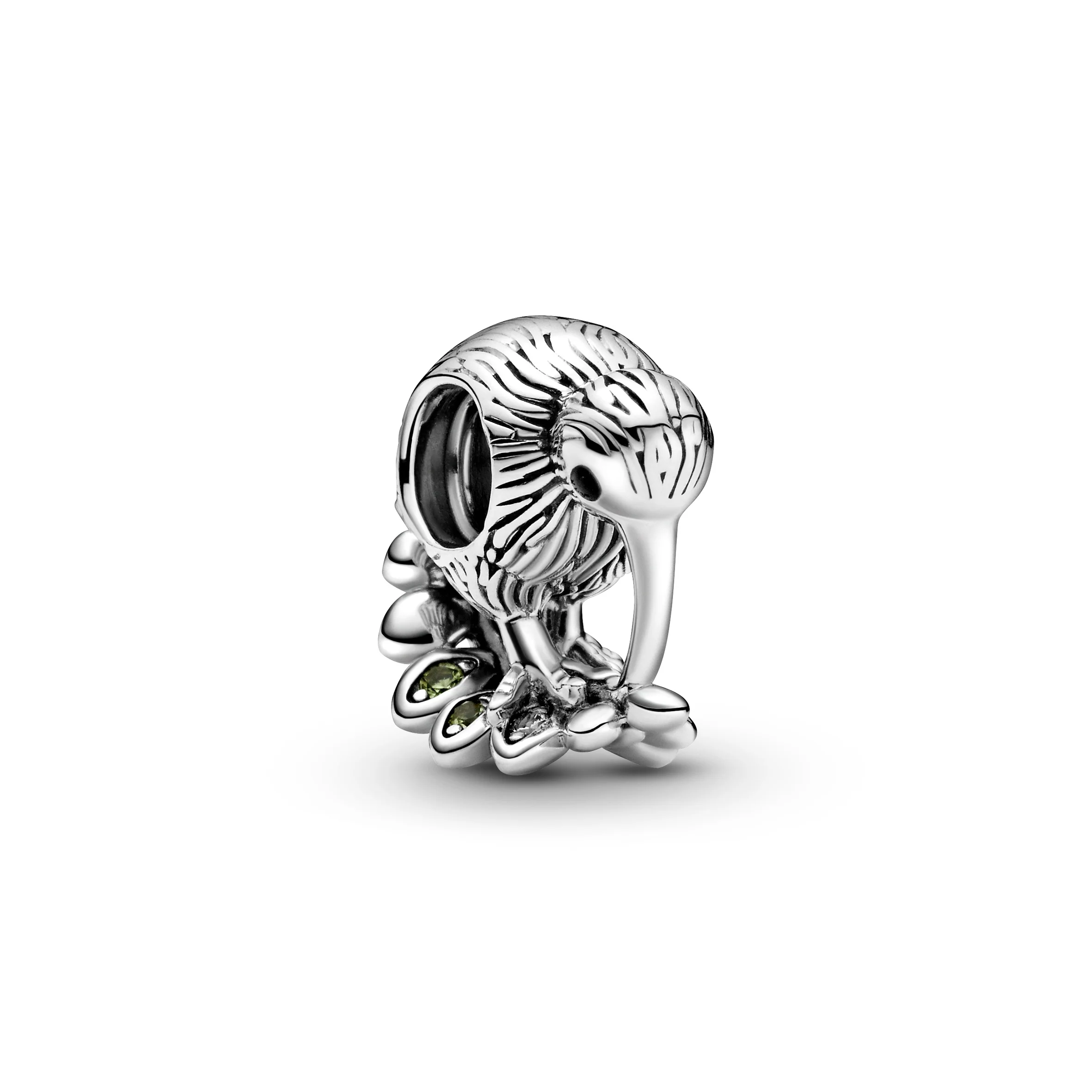 Kiwi Bird Sterling Silver Charm With Light Green Crystal, Clear Cubic Zirconia And Black Enamel