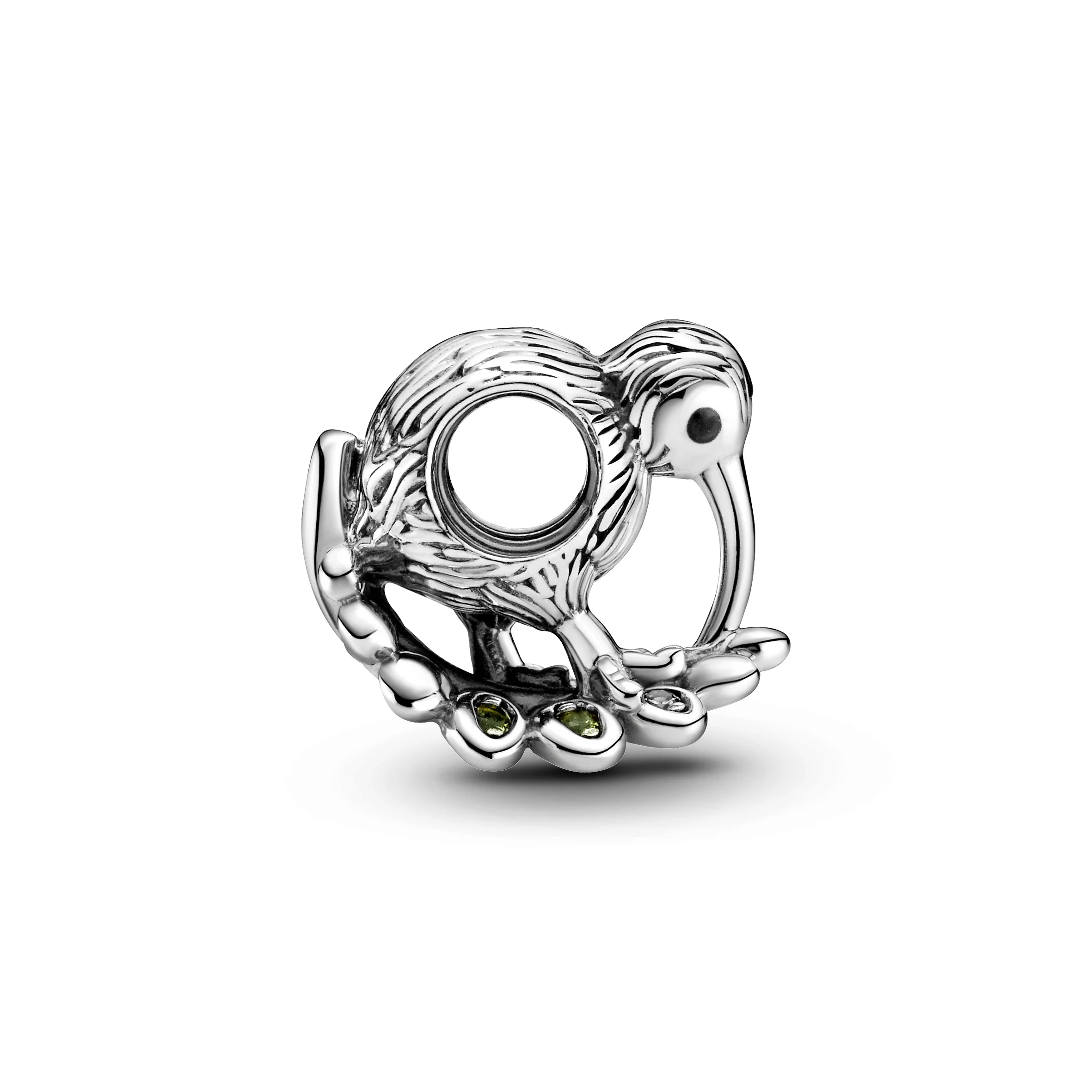 Kiwi Bird Sterling Silver Charm With Light Green Crystal, Clear Cubic Zirconia And Black Enamel - Image 2