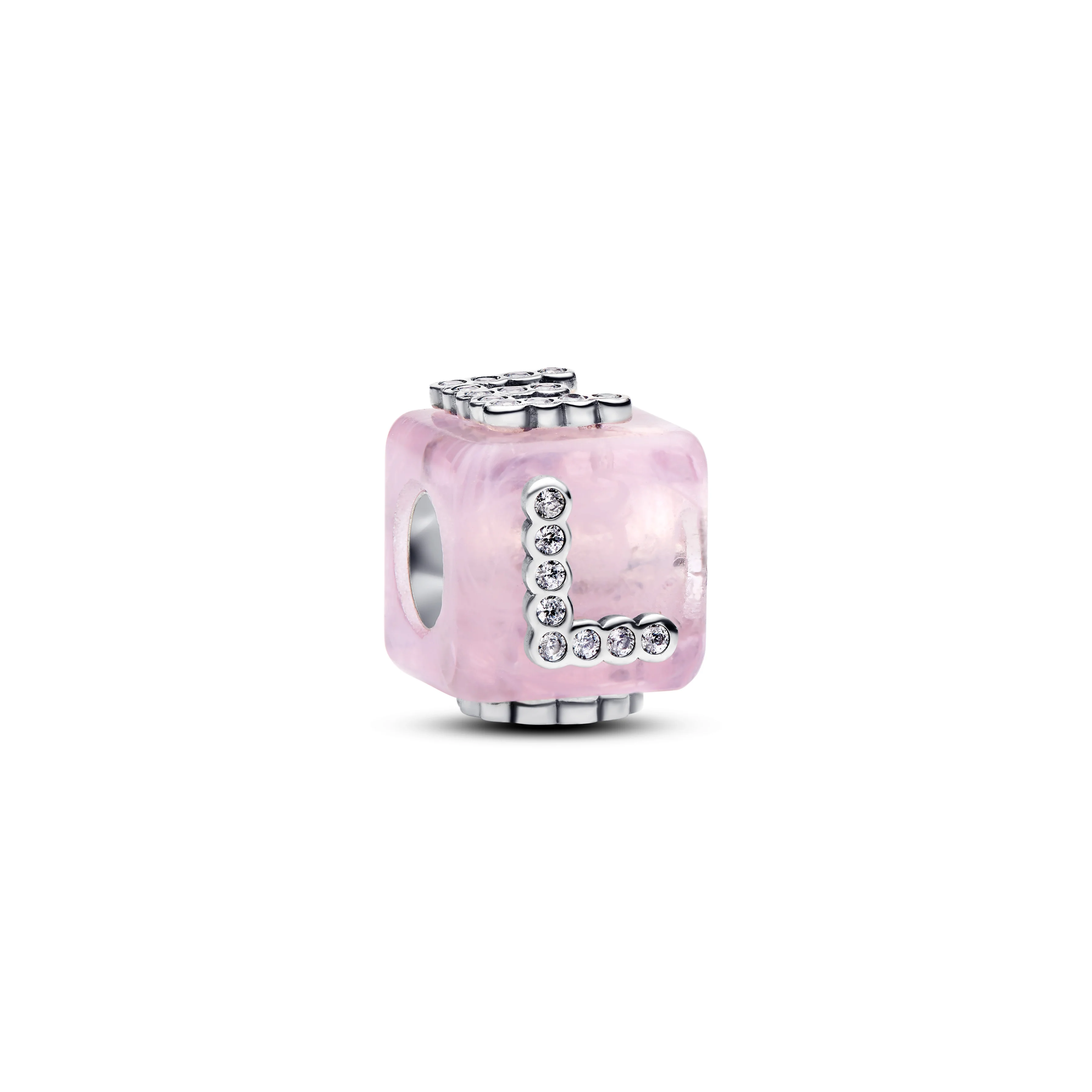 Love Cube Sterling Silver Charm With Pink Murano Glas And  Clear Cubic Zirconia