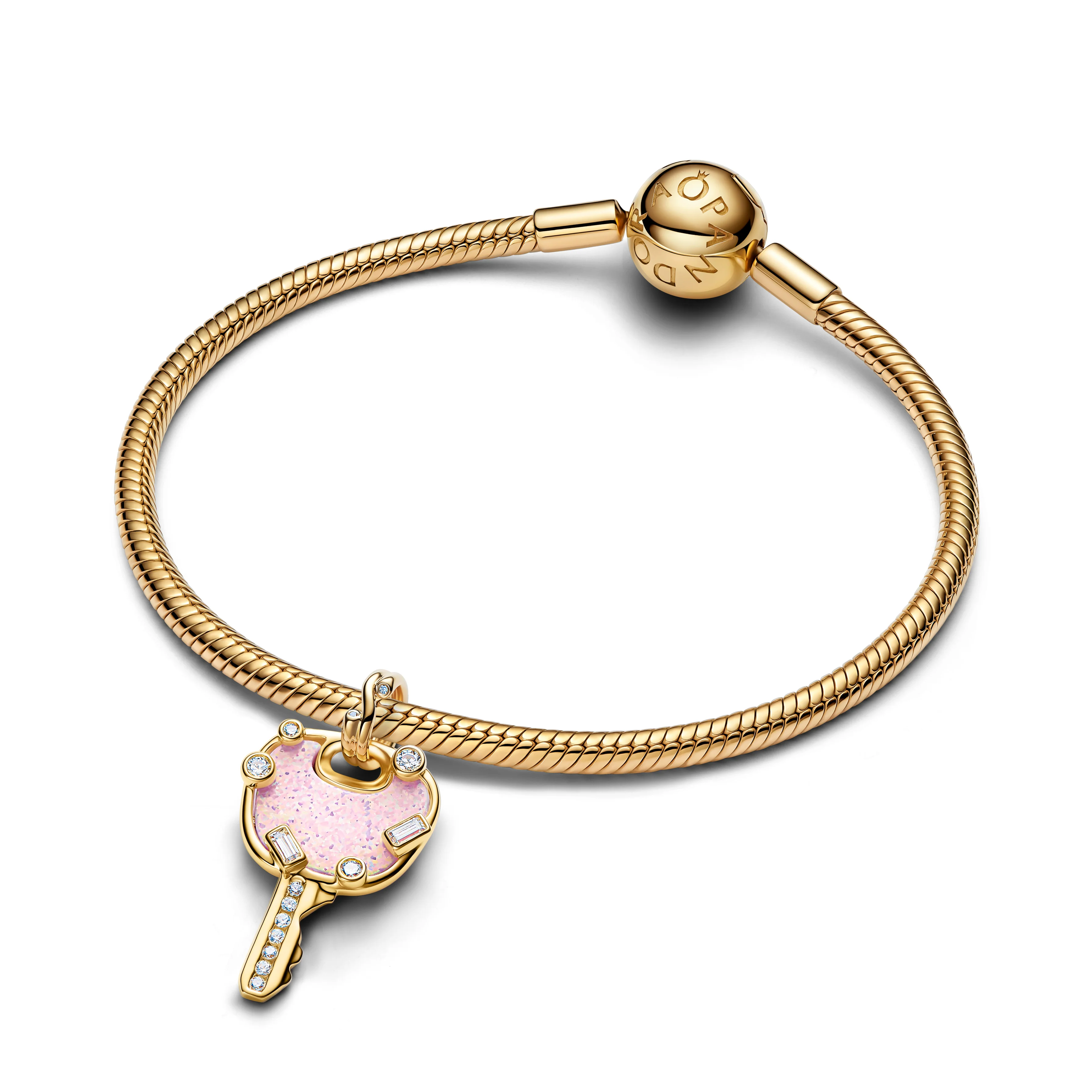Love Key 14K Gold-Plated Dangle With Clear Cubic Zirconia And Lab-Created Pink Opal - Image 3