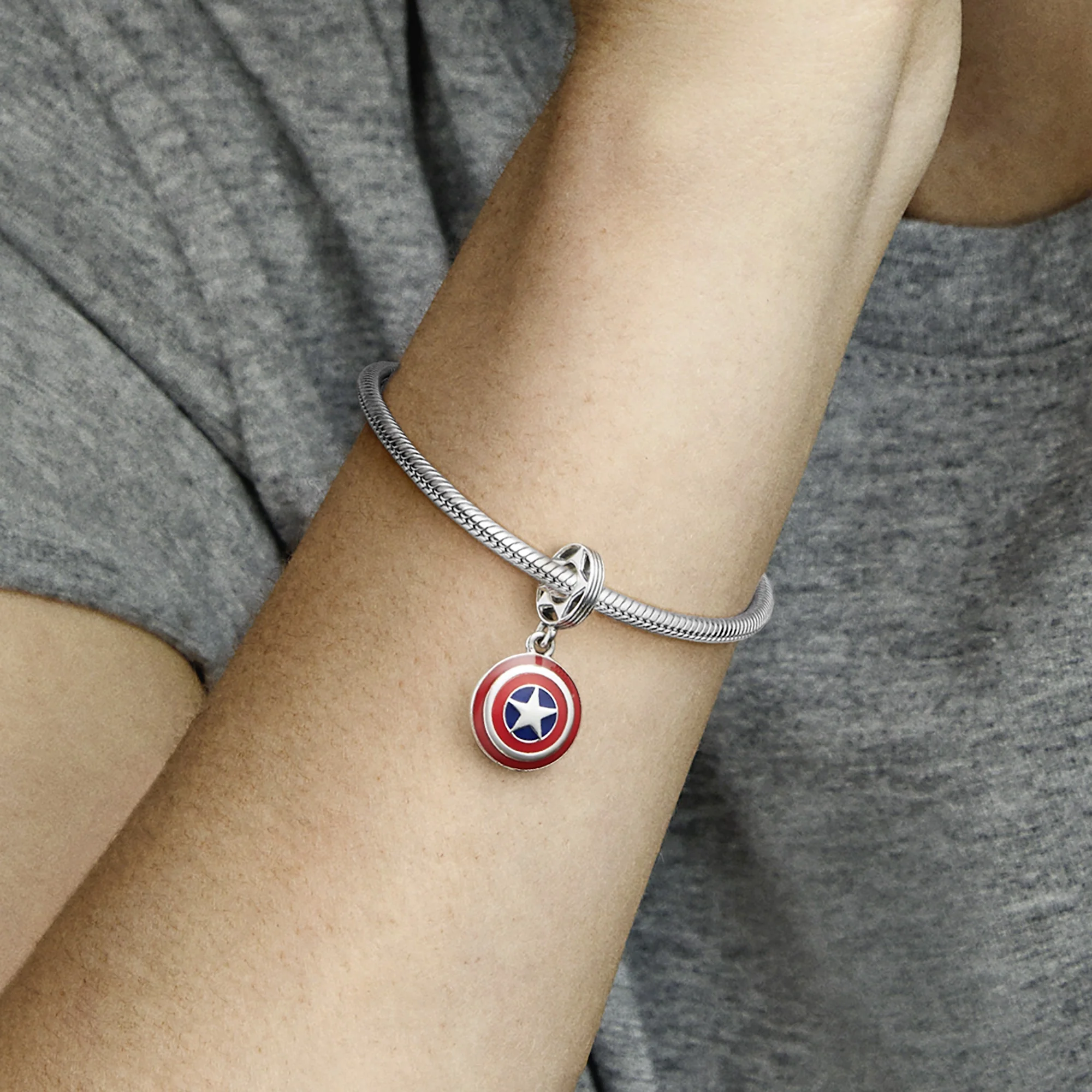 Marvel Captain America Shield Sterling Silver Dangle With Blue And Red Enamel - Image 3