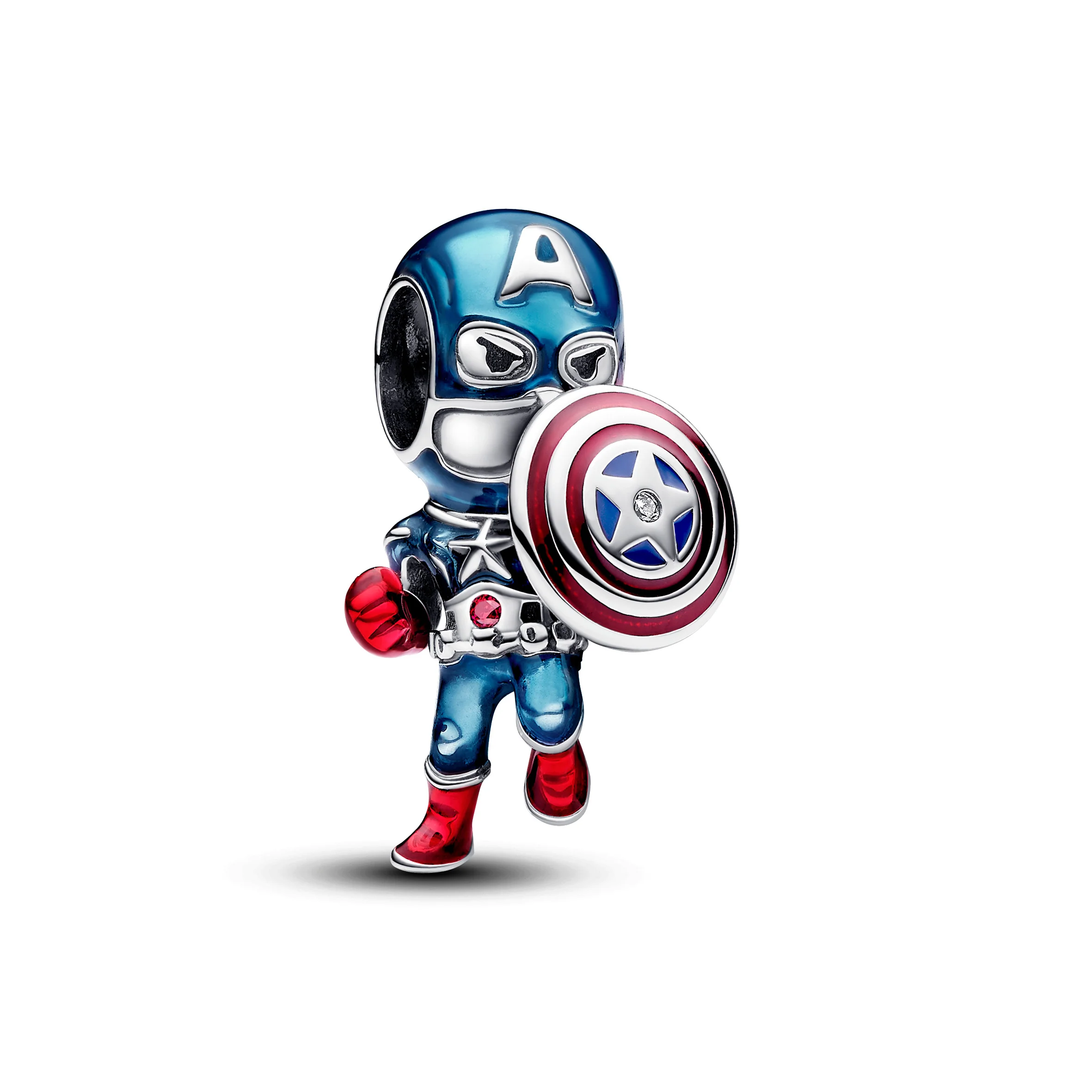 Marvel Captain America Sterling Silver Charm With Clear And Red Cubic Zirconia, Red And Blue Enamel
