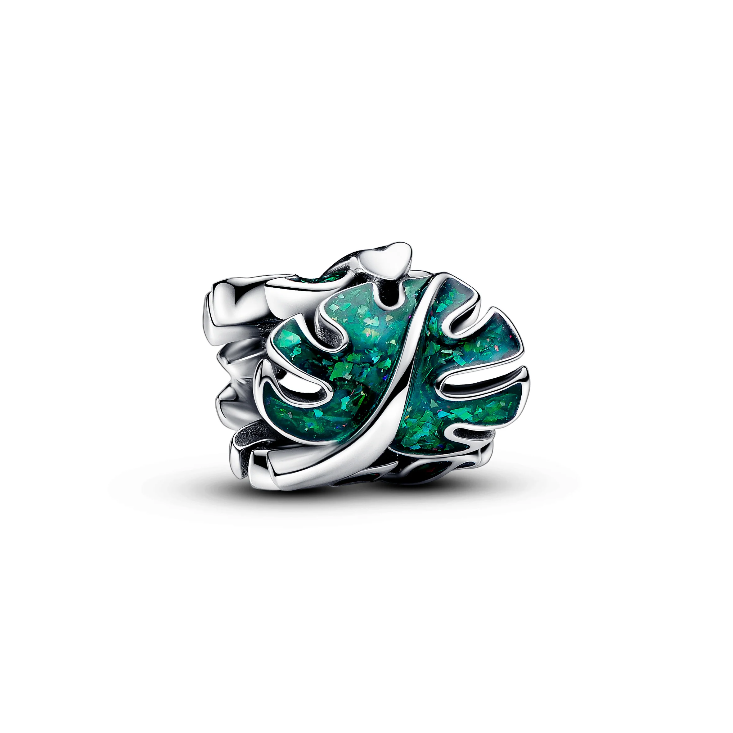 Monstera Leaves Sterling Silver Charm With Holographic Glittery Green Enamel - Image 3