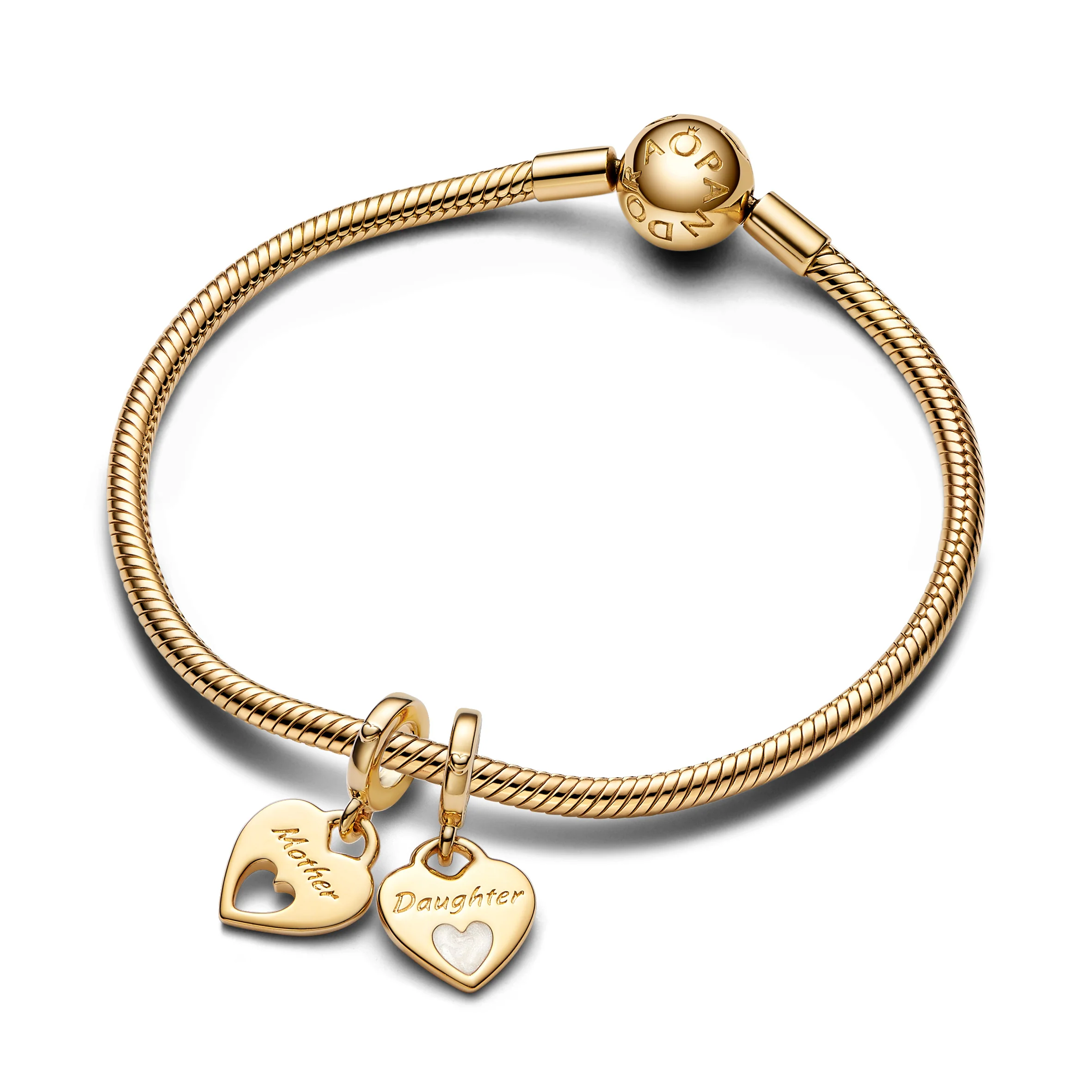 Mother And Daughter Hearts 14K Gold-Plated Split Dangle With Shimmering White Enamel - Image 3