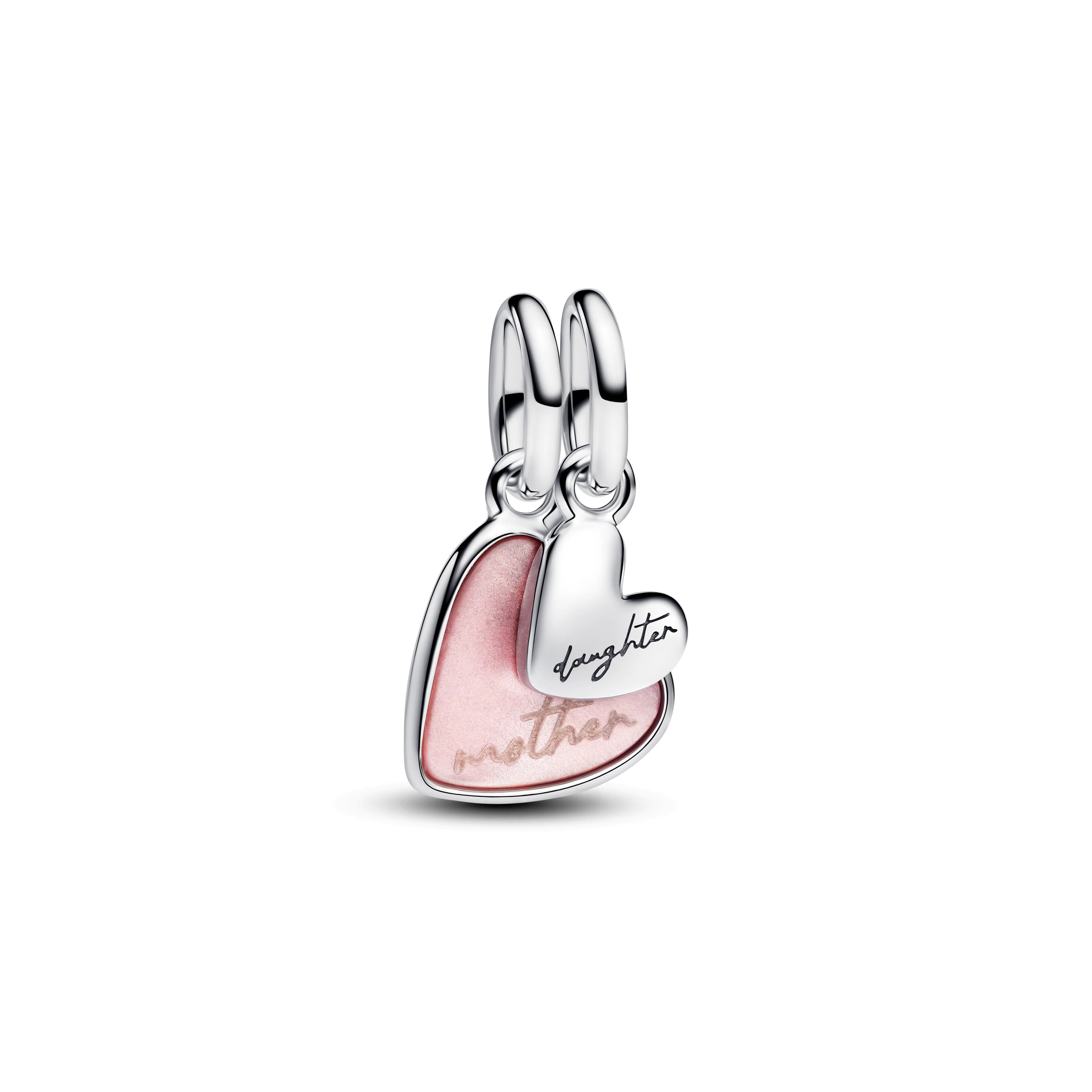Mother And Daughter Hearts Sterling Silver Splittable Dangle With Pink Bioresin Man-Made Mother Of Pearl
