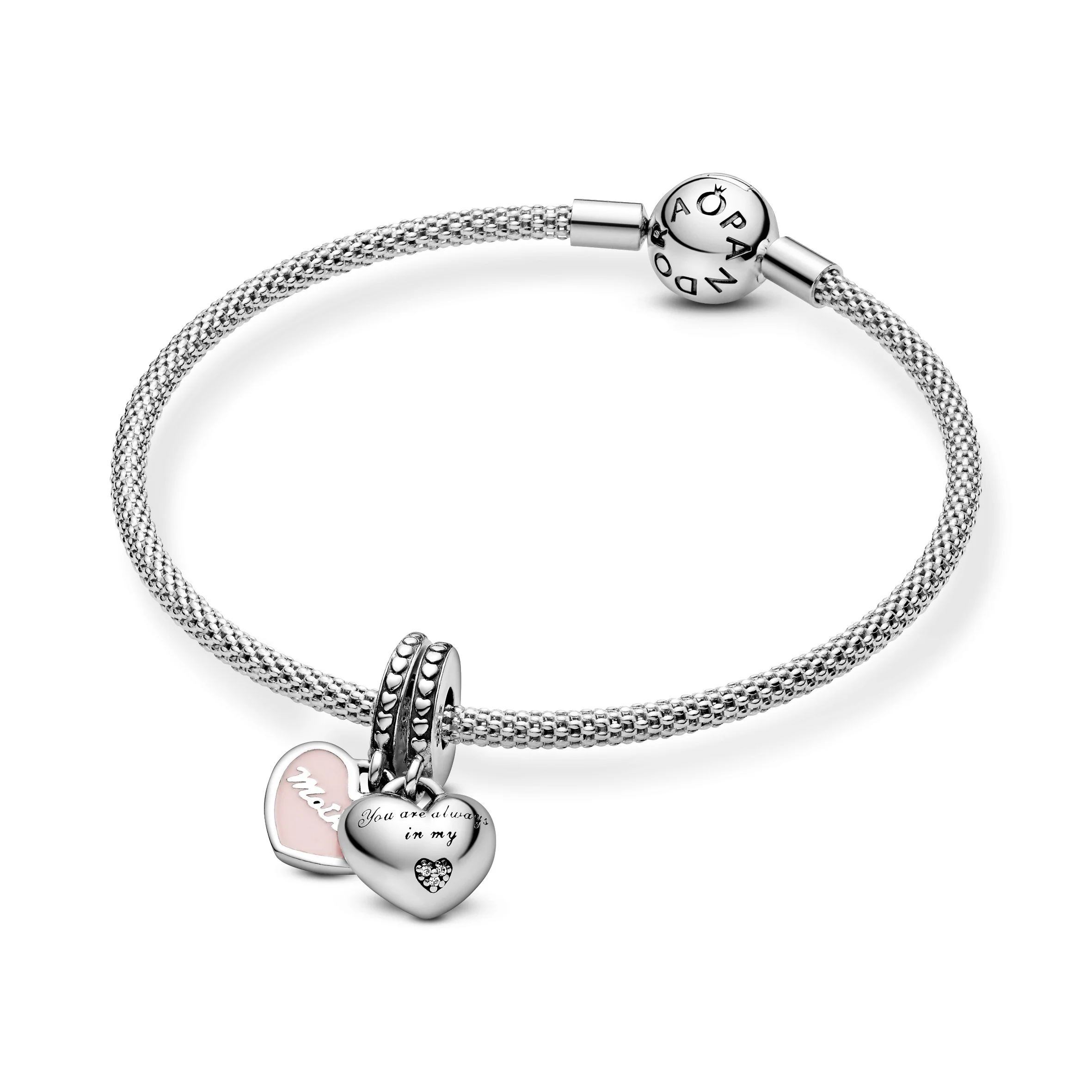 Mother And Daughter Split Heart Silver Dangle With Clear Cubic Zirconia And Pink Enamel - Image 2