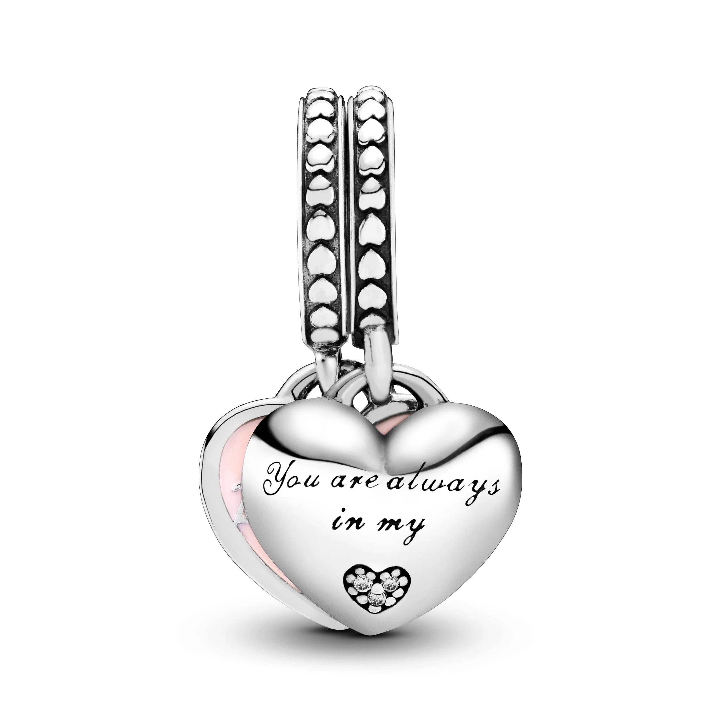 Mother And Daughter Split Heart Silver Dangle With Clear Cubic Zirconia And Pink Enamel - Image 3