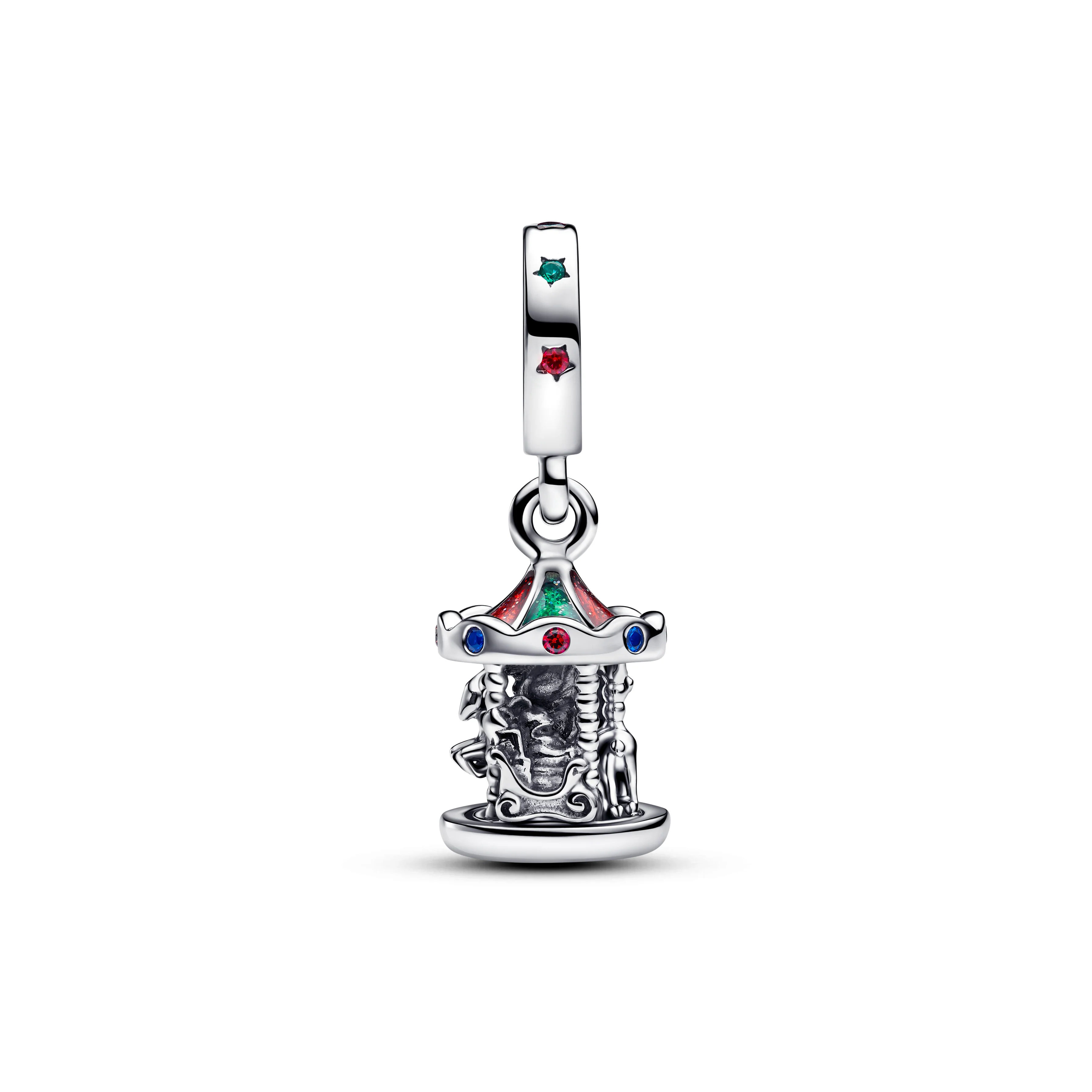 Moveable Carousel Sterling Silver Dangle With Glittery Red And Green Enamel, Red Cubic Zirconia, Green And Blue Crystal - Image 2