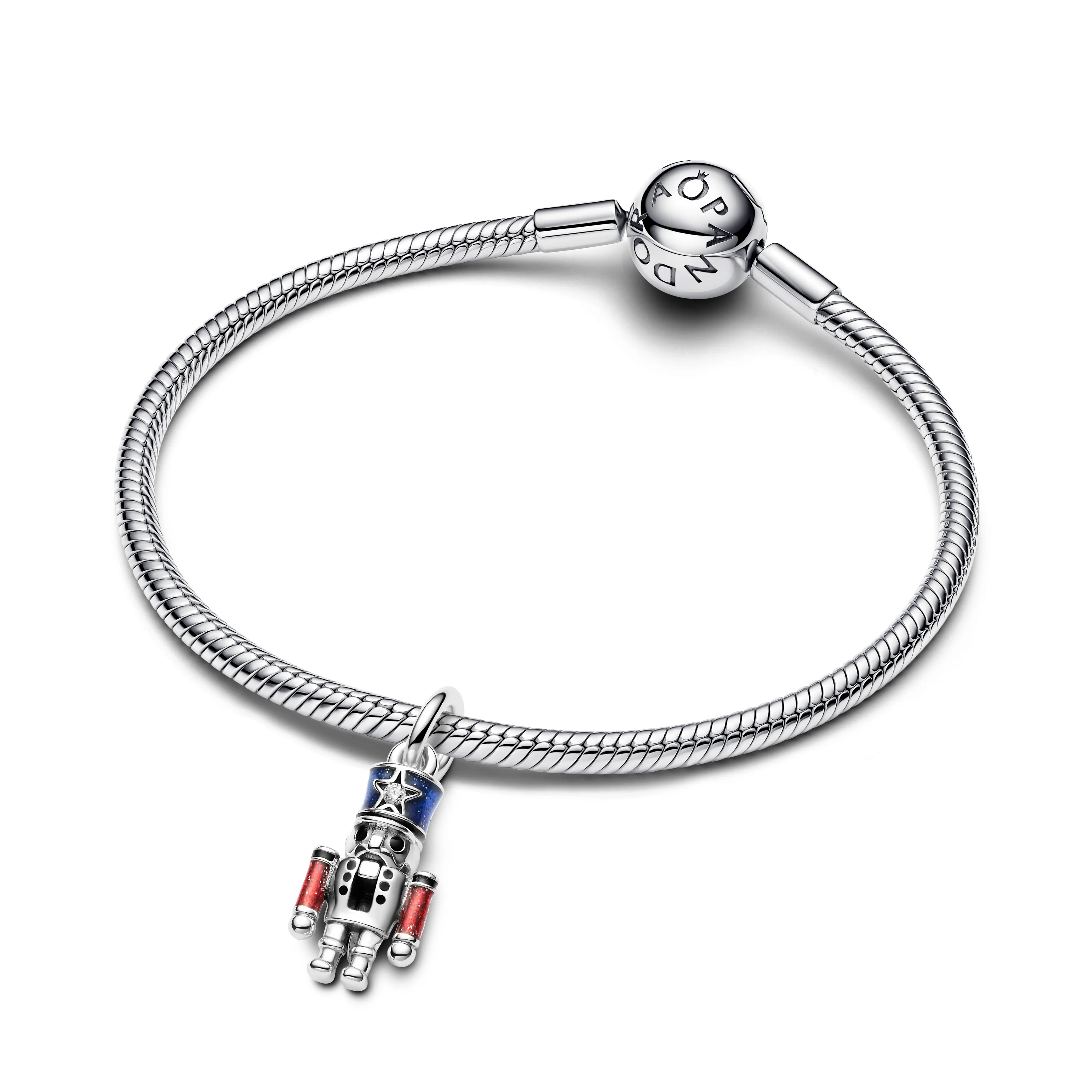 Moveable Nutcracker Sterling Silver Dangle With Clear Cubic Zirconia, Glittery Blue, Red And Black Enamel - Image 4