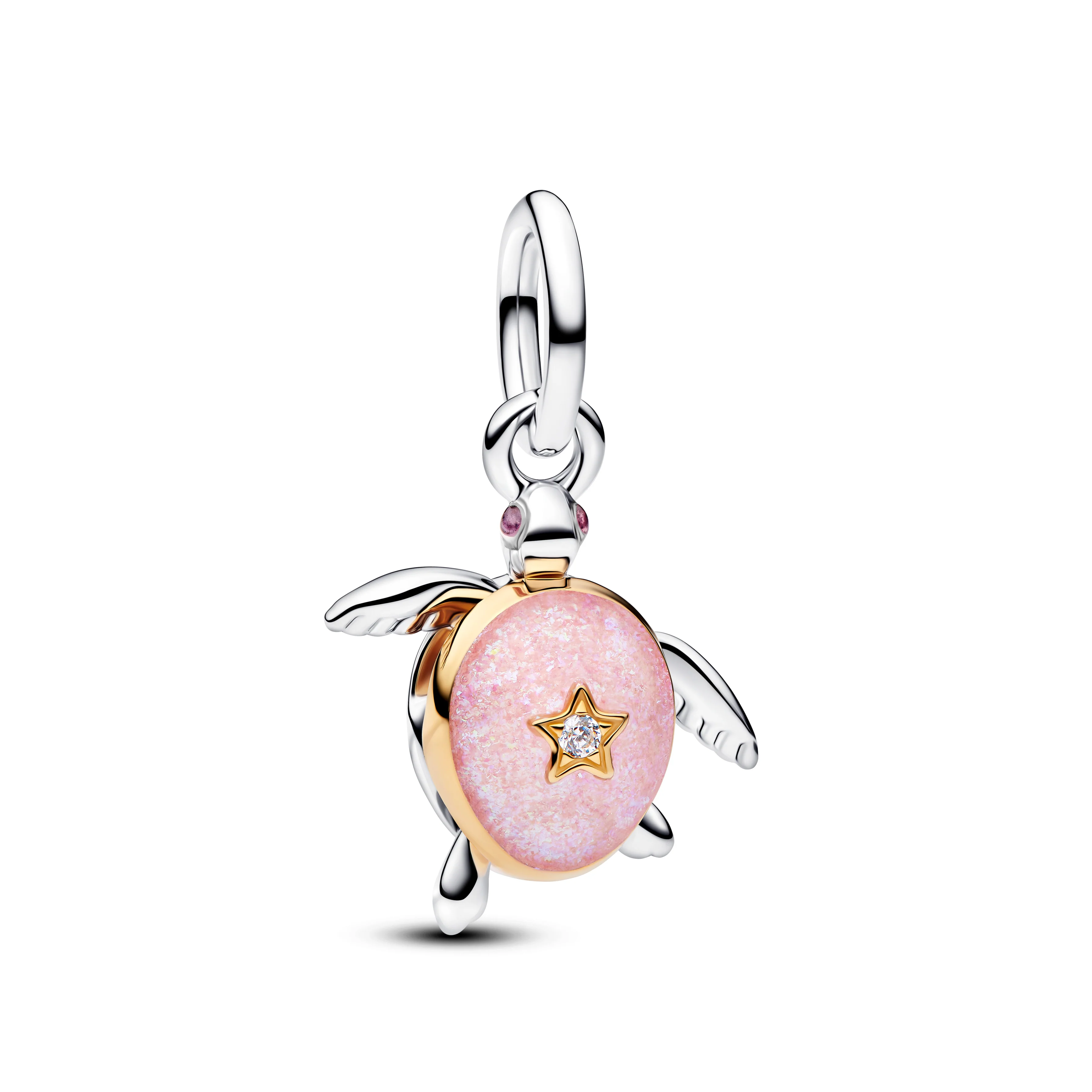 Moveable Turtle Sterling Silver And 14K Gold-Plated Dangle With 0.007 Ct Tw G-I Vs+ Round Brilliant Very Good Cut Lab-Grown Diamond And Pink