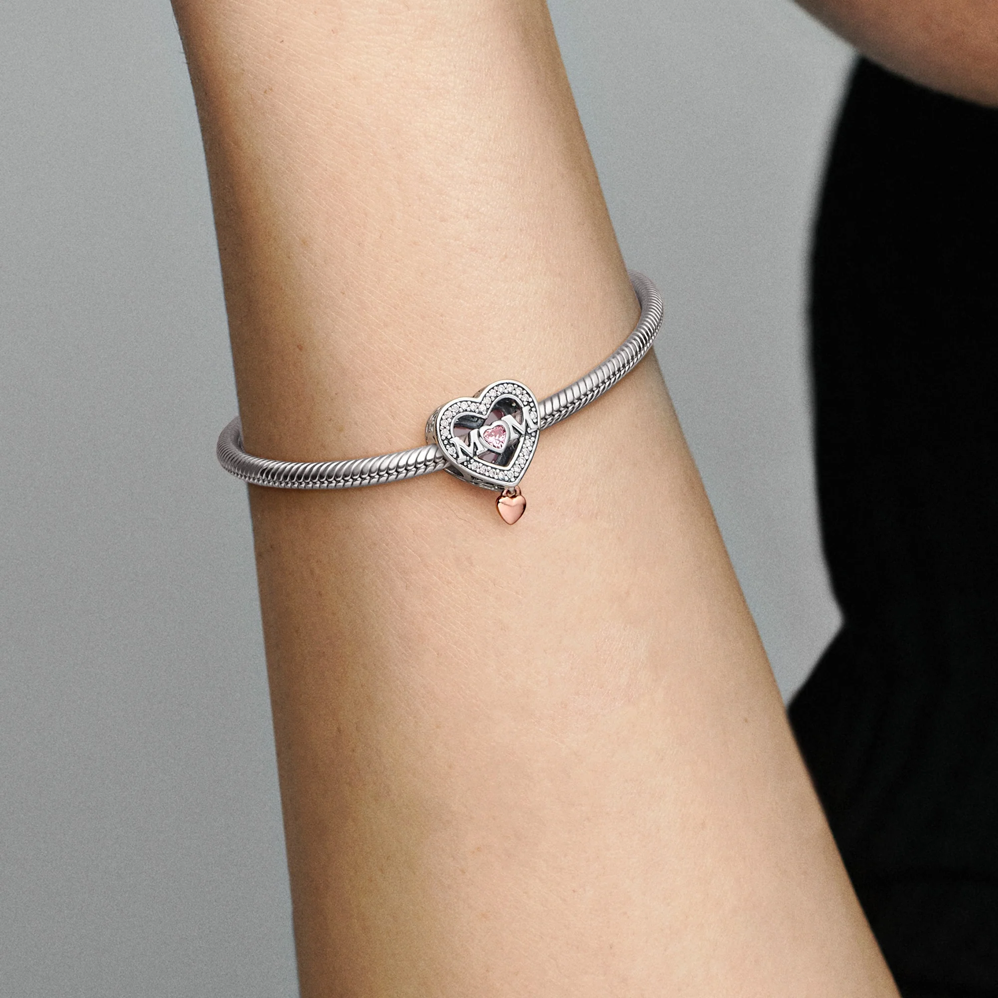 Mum Heart Sterling Silver And 14K Rose Gold-Plated Charm With Clear, Fancy Fairy Tale Pink And Pink  Cubic Zirconia - Image 2