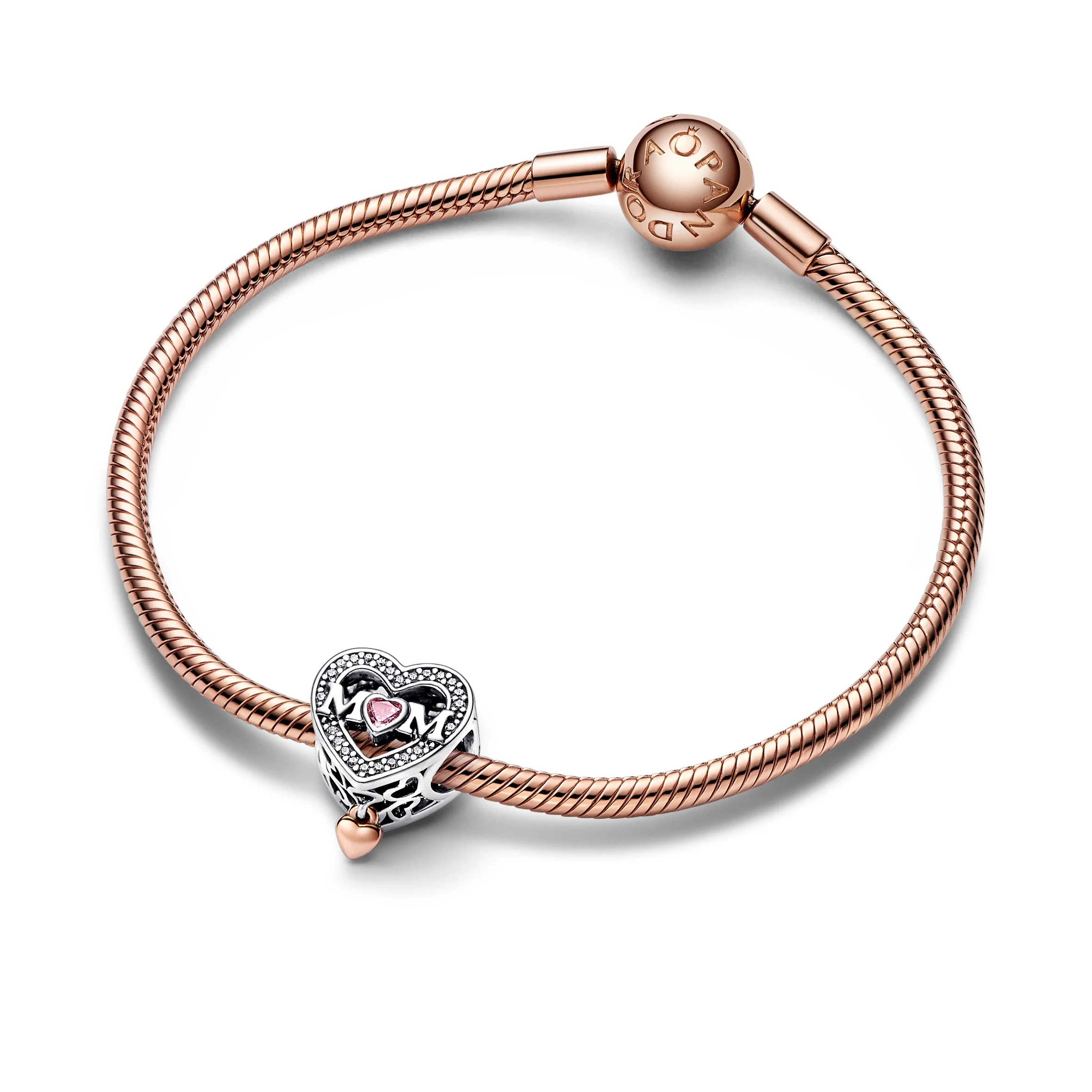 Mum Heart Sterling Silver And 14K Rose Gold-Plated Charm With Clear, Fancy Fairy Tale Pink And Pink  Cubic Zirconia - Image 3