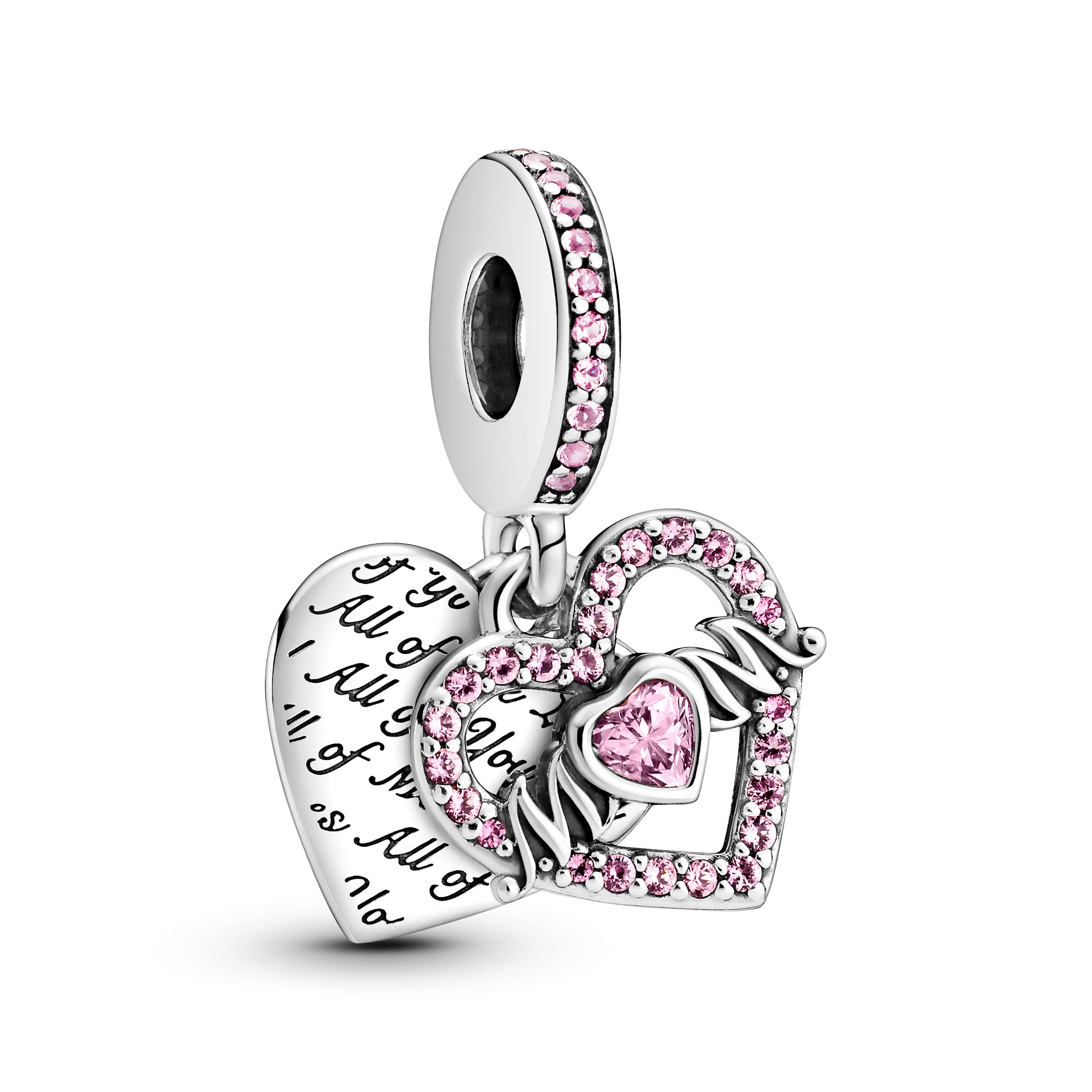 Mum Heart Sterling Silver Dangle With Fancy Fairy Tale Pink Cubic Zirconia, Phlox Pink And Cerise Crystal