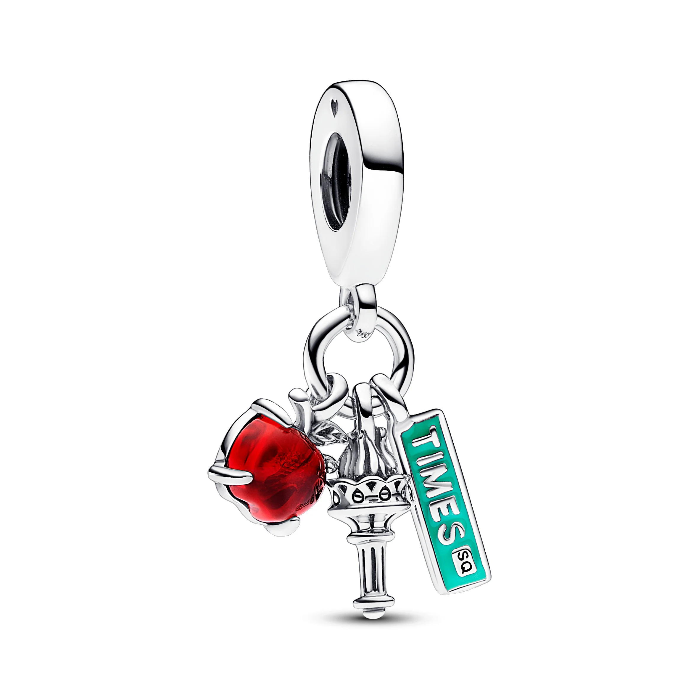 New York Triple Sterling Silver Dangle With Red Murano Glass And Teal Enamel