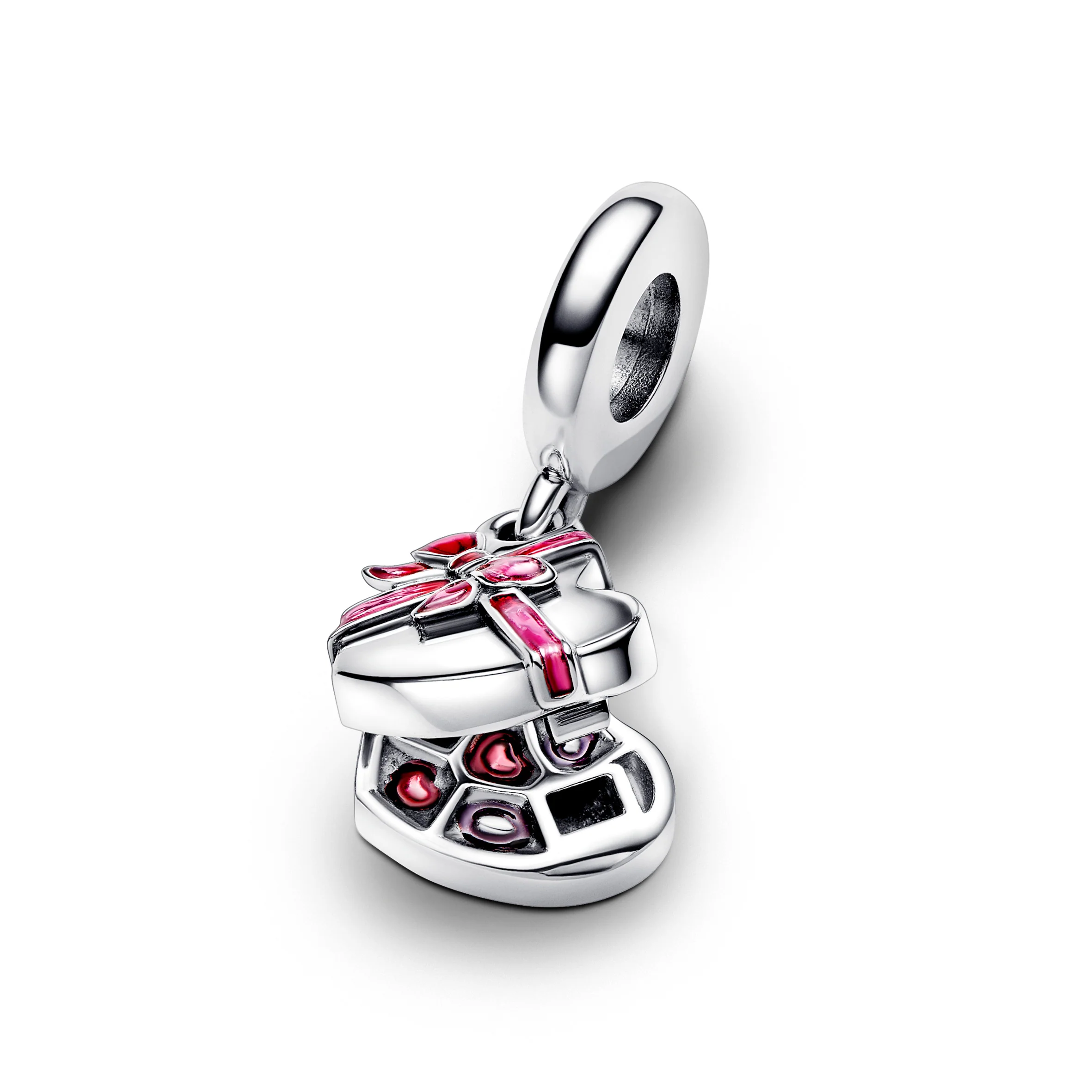 Openable Chocolate Box Sterling Silver Dangle With Pink And Red Enamel