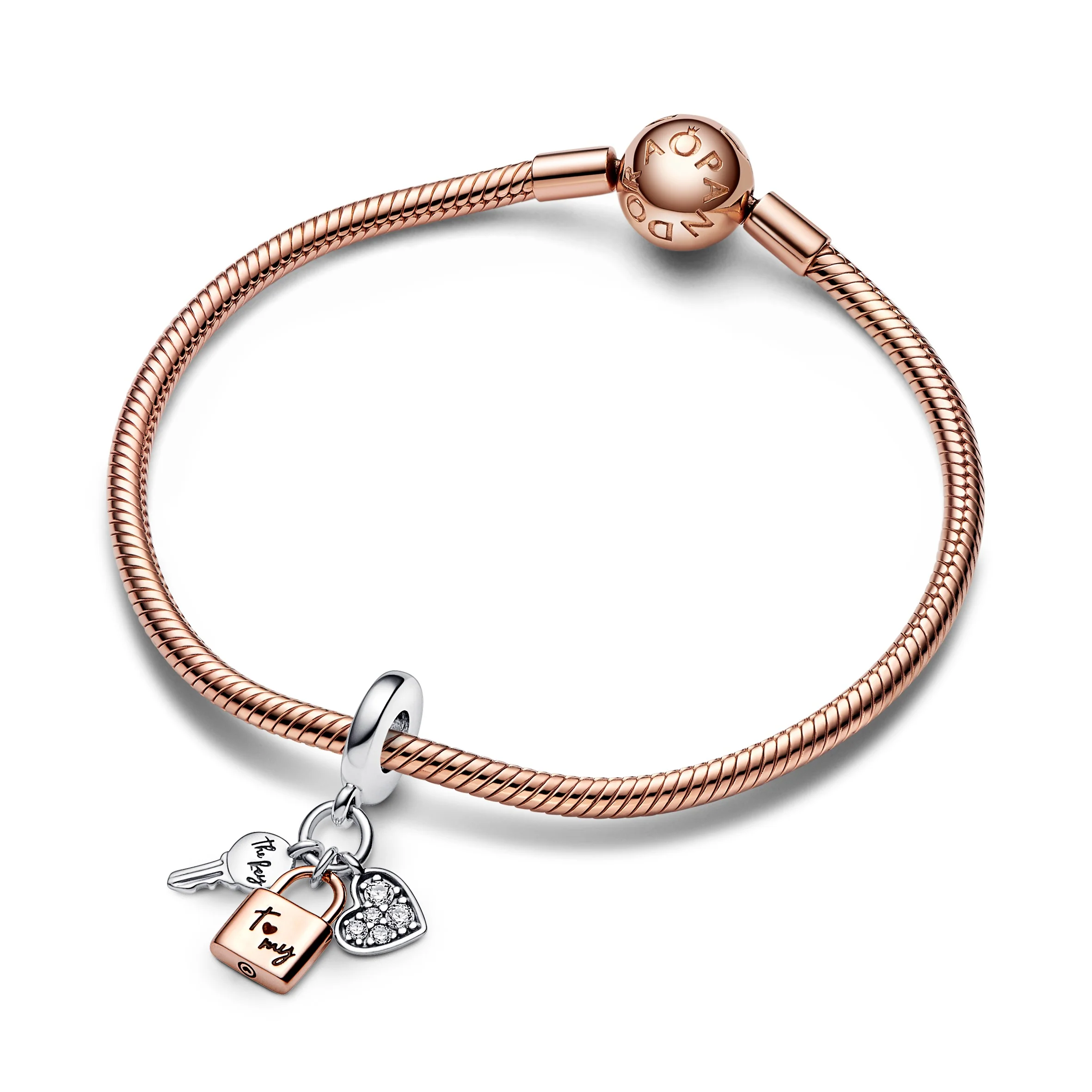Padlock, Key And Heart Sterling Silver And 14K Rose Gold-Plated Dangle With Clear Cubic Zirconia And Black Enamel - Image 3