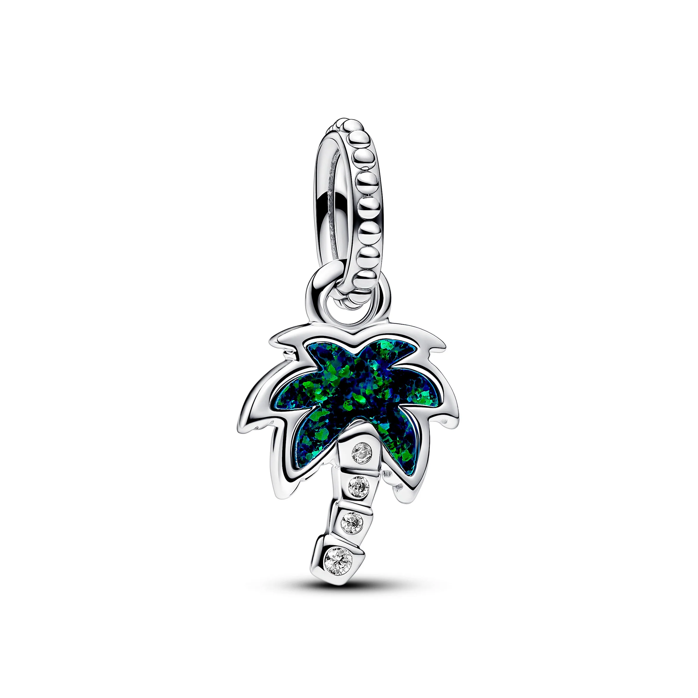 Palm Tree Sterling Silver Dangle With Green Blue Lab-Created Opal And Clear Cubic Zirconia