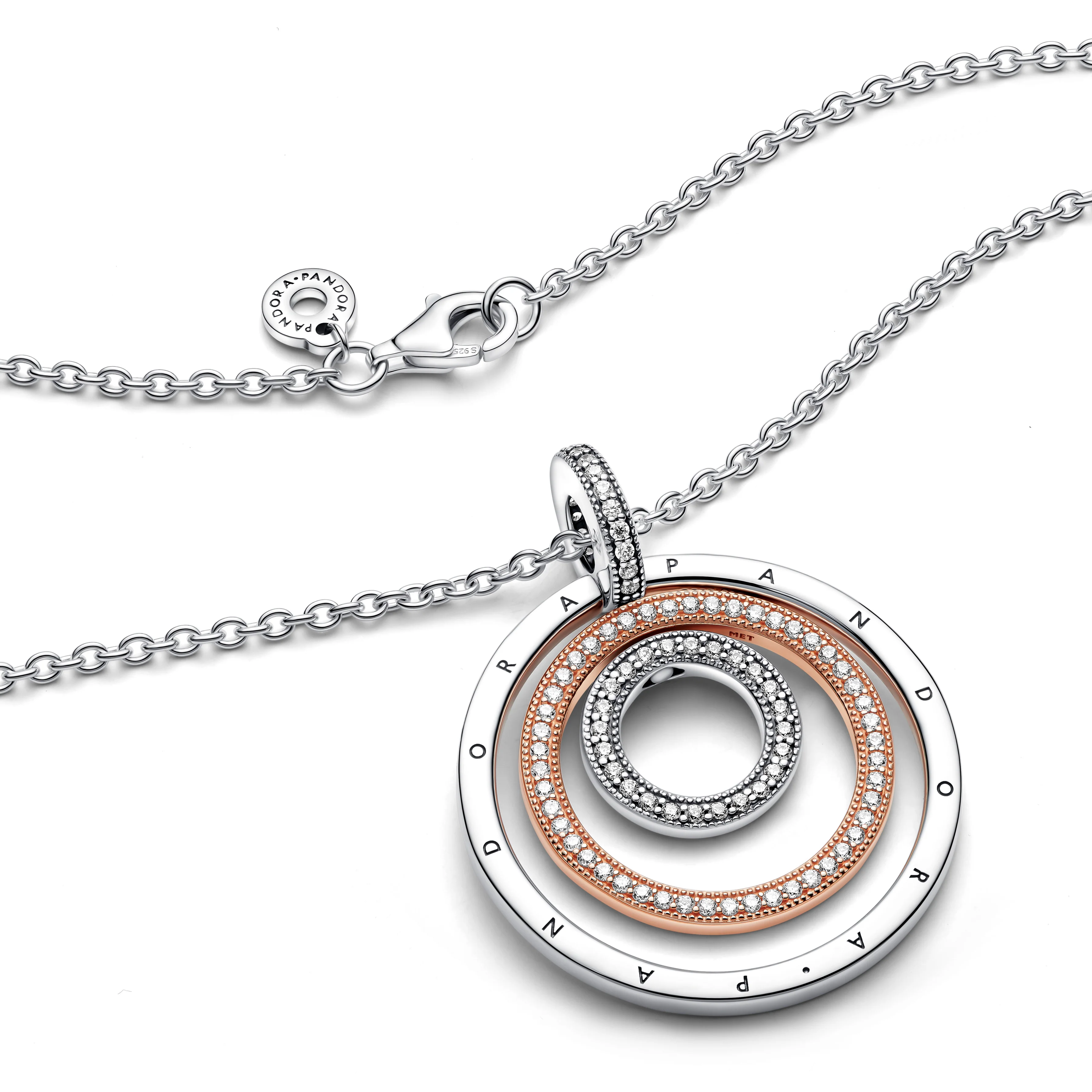 Pandora Logo Interlocking Circles Sterling Silver And 14K Rose Gold-Plated Pendant With Clear Cubic Zirconia And Necklace - Image 3