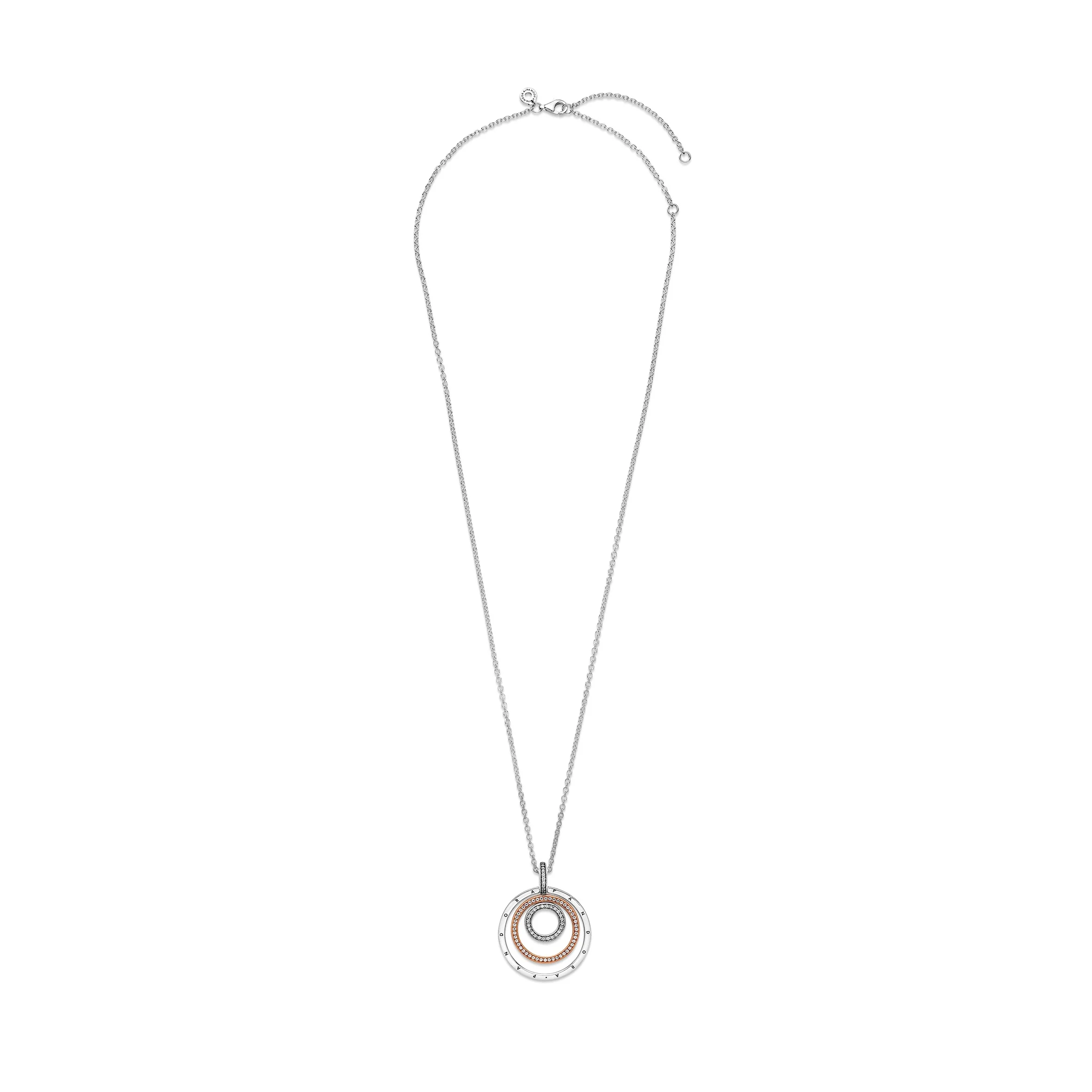 Pandora Logo Interlocking Circles Sterling Silver And 14K Rose Gold-Plated Pendant With Clear Cubic Zirconia And Necklace - Image 5