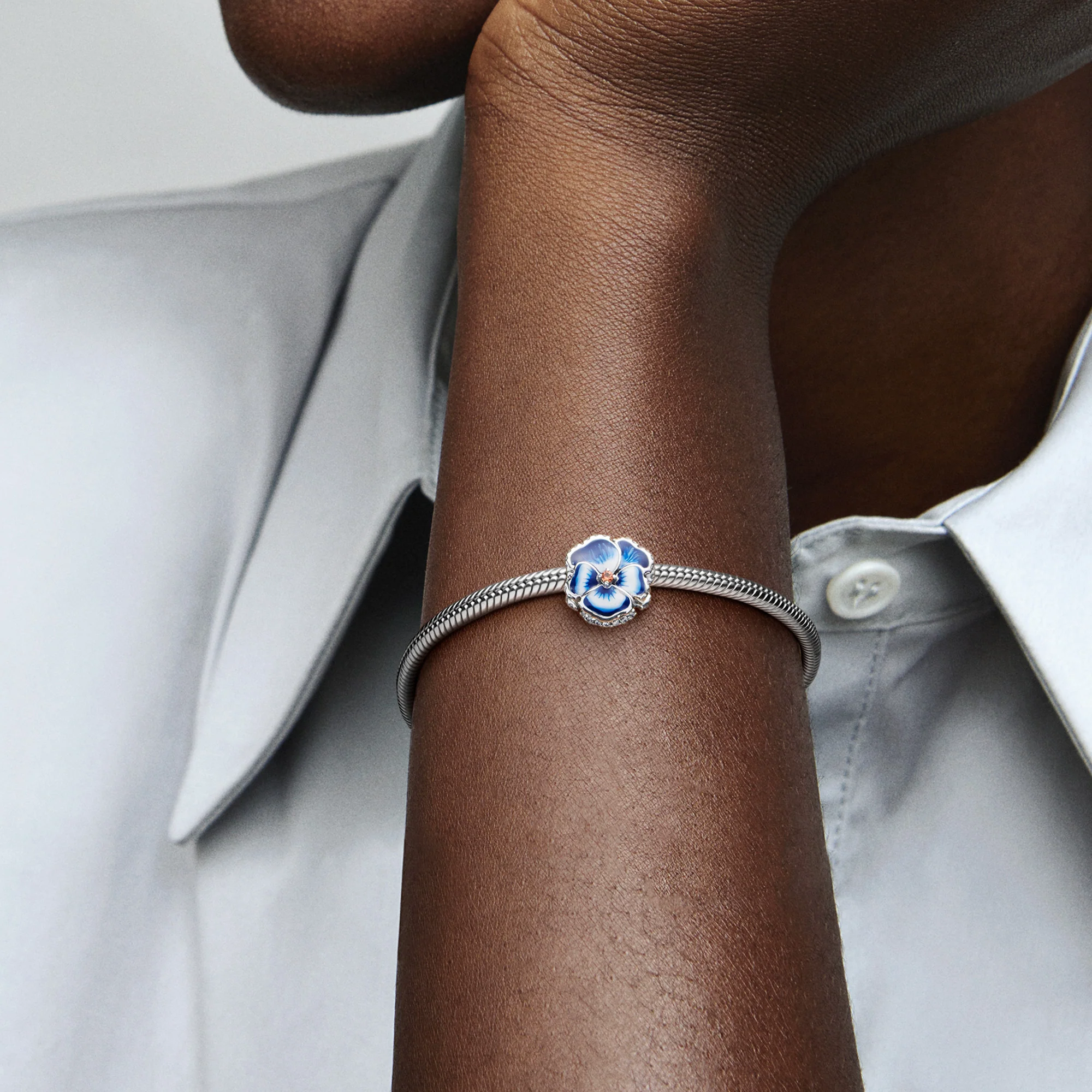Pansy Sterling Silver Charm With Clear Cubic Zirconia, Burnt Orange Crystal, Shaded Blue And White Enamel - Image 2