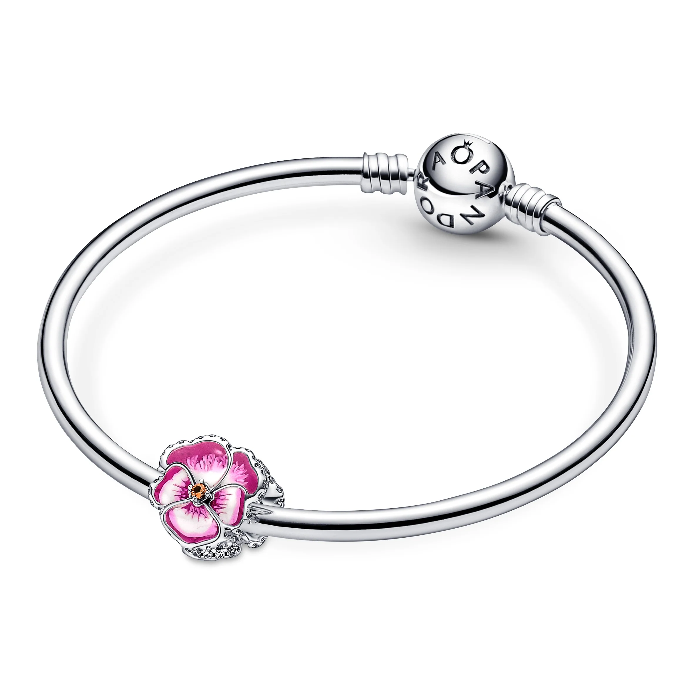Pansy Sterling Silver Charm With Clear Cubic Zirconia, Burnt Orange Crystal, Shaded Pink And White Enamel - Image 4