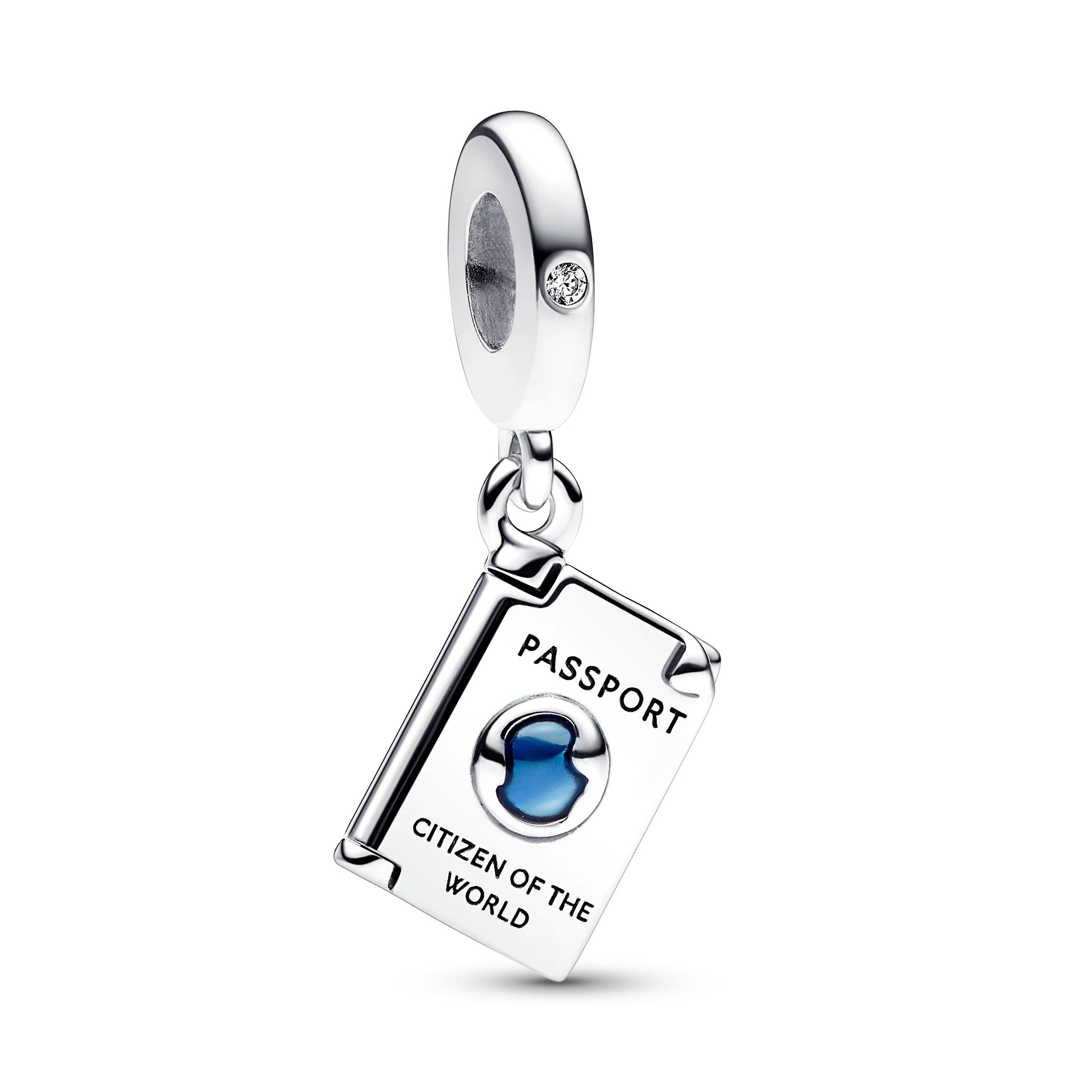 Passport Sterling Silver Dangle With Clear Cubic Zirconia And Shaded Blue Enamel
