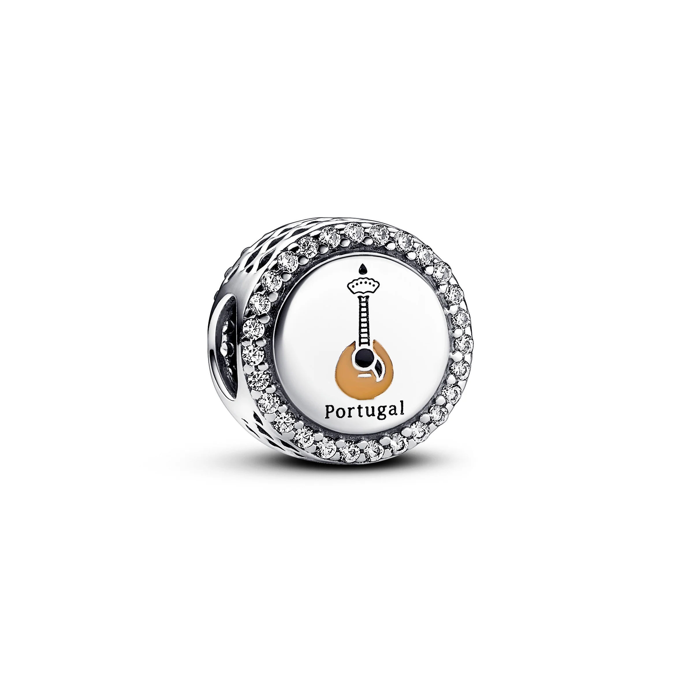 Portuguese Guitar Sterling Silver Charm With Clear Cubic Zirconia, Black And Brown Enamel