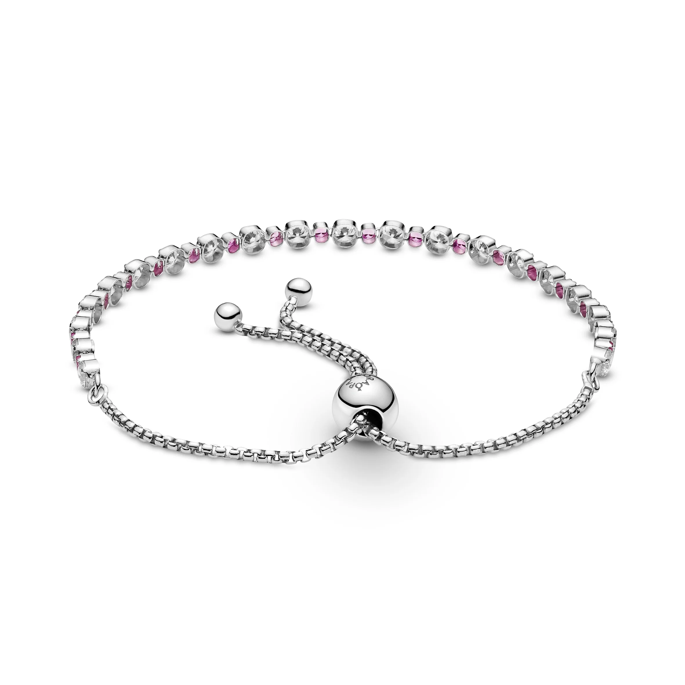 Rhodium Plated Sterling Silver Slider Bracelet With Clear Cubic Zirconia And Synthetic Pink Sapphire - Image 3