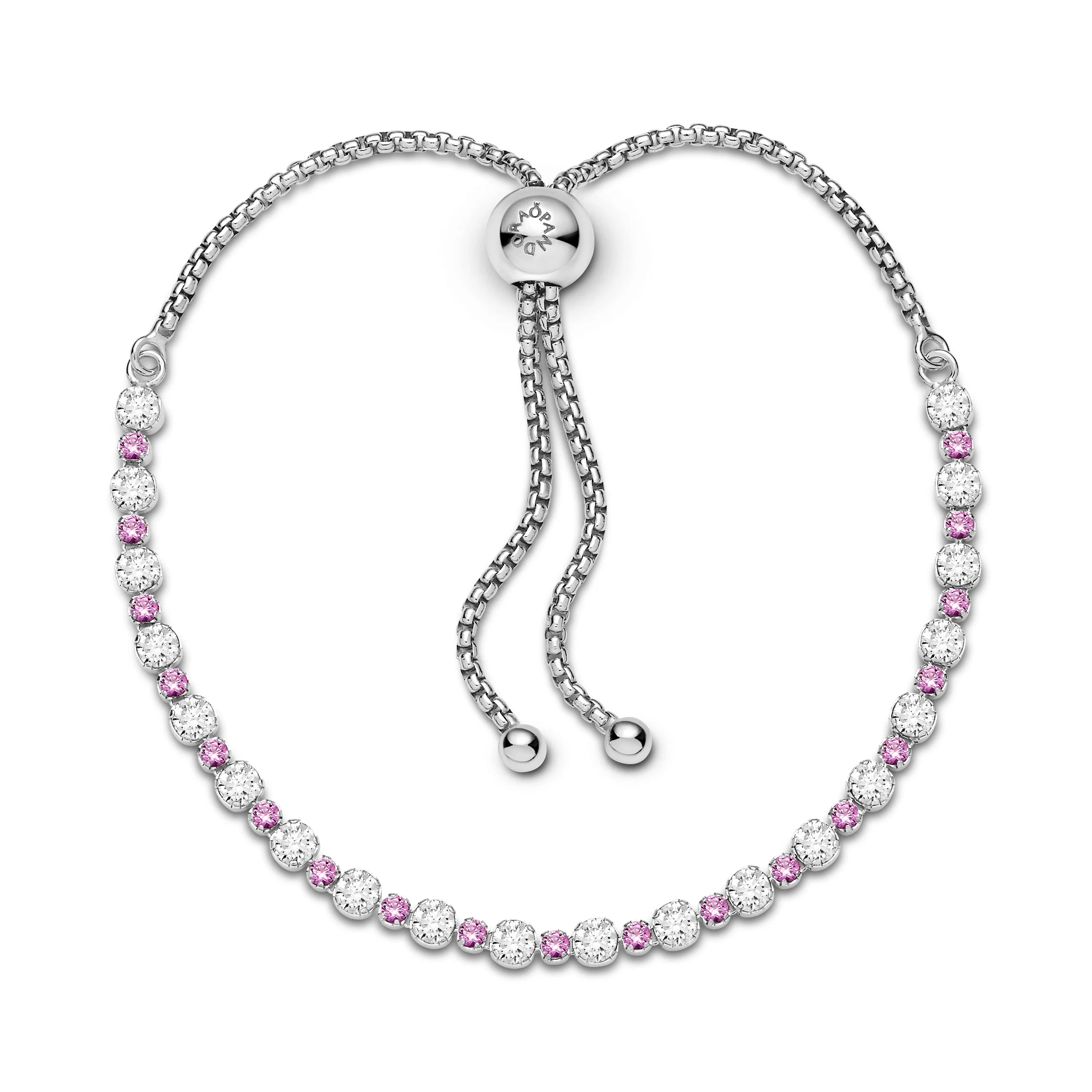 Rhodium Plated Sterling Silver Slider Bracelet With Clear Cubic Zirconia And Synthetic Pink Sapphire - Image 4