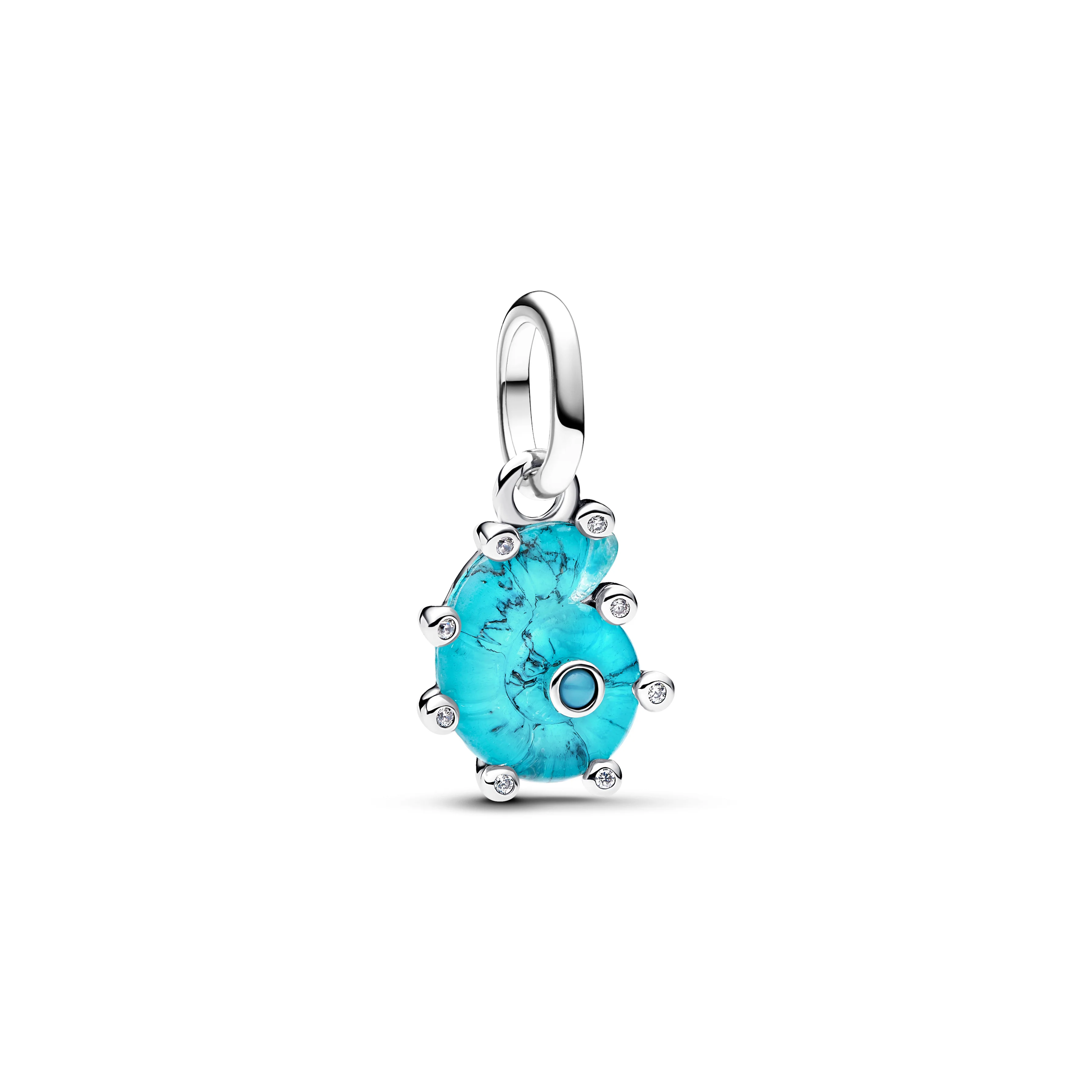 Sea Snail Sterling Silver Dangle With Capri Blue Crystal, Clear Cubic Zirconia, Imitation Turquoise And Murano Glass