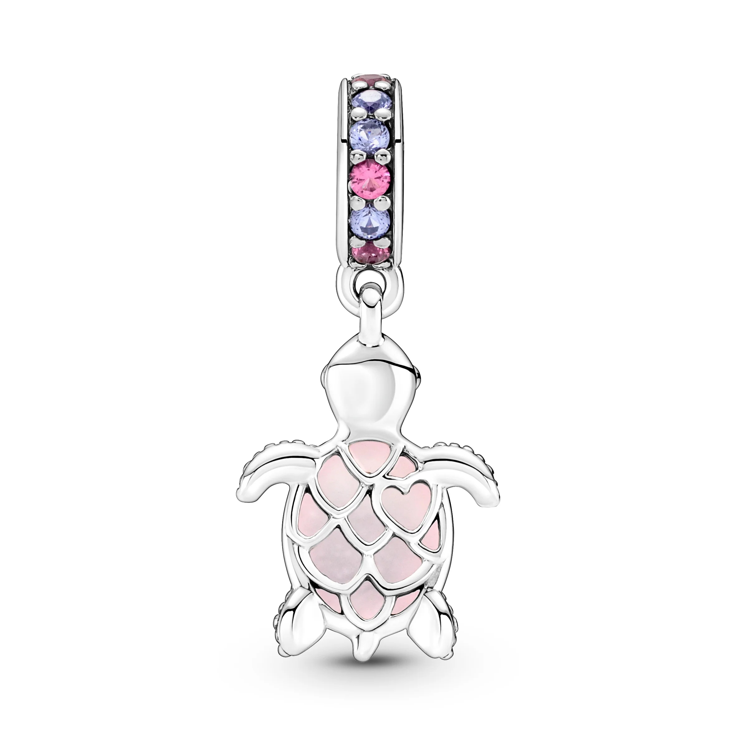 Sea Turtle Sterling Silver Dangle With Frosted Dichroic Pink Murano Glass, Regal Purple And Phlox Pink Crystal - Image 4
