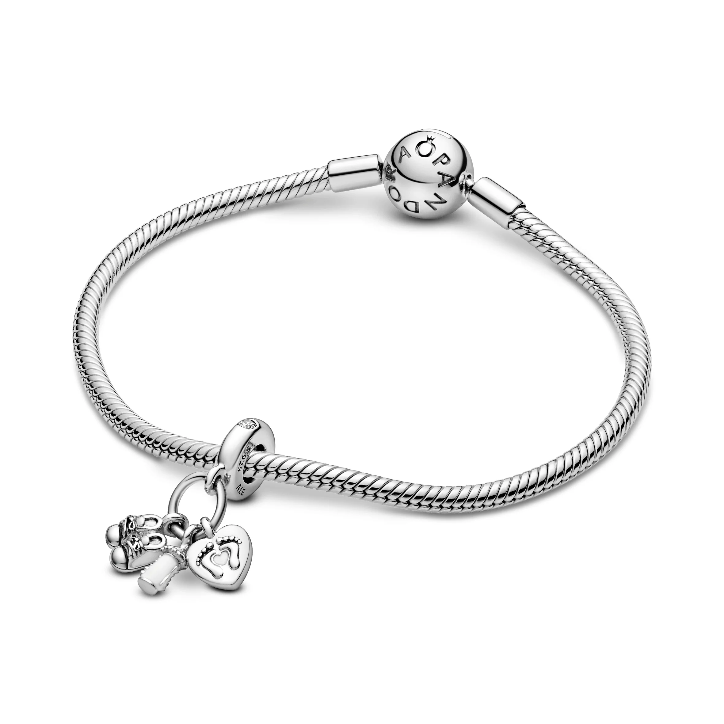 Shoes, Baby Bottle And Heart Silver Dangle With Clear Cubic Zirconia And White Enamel - Image 6