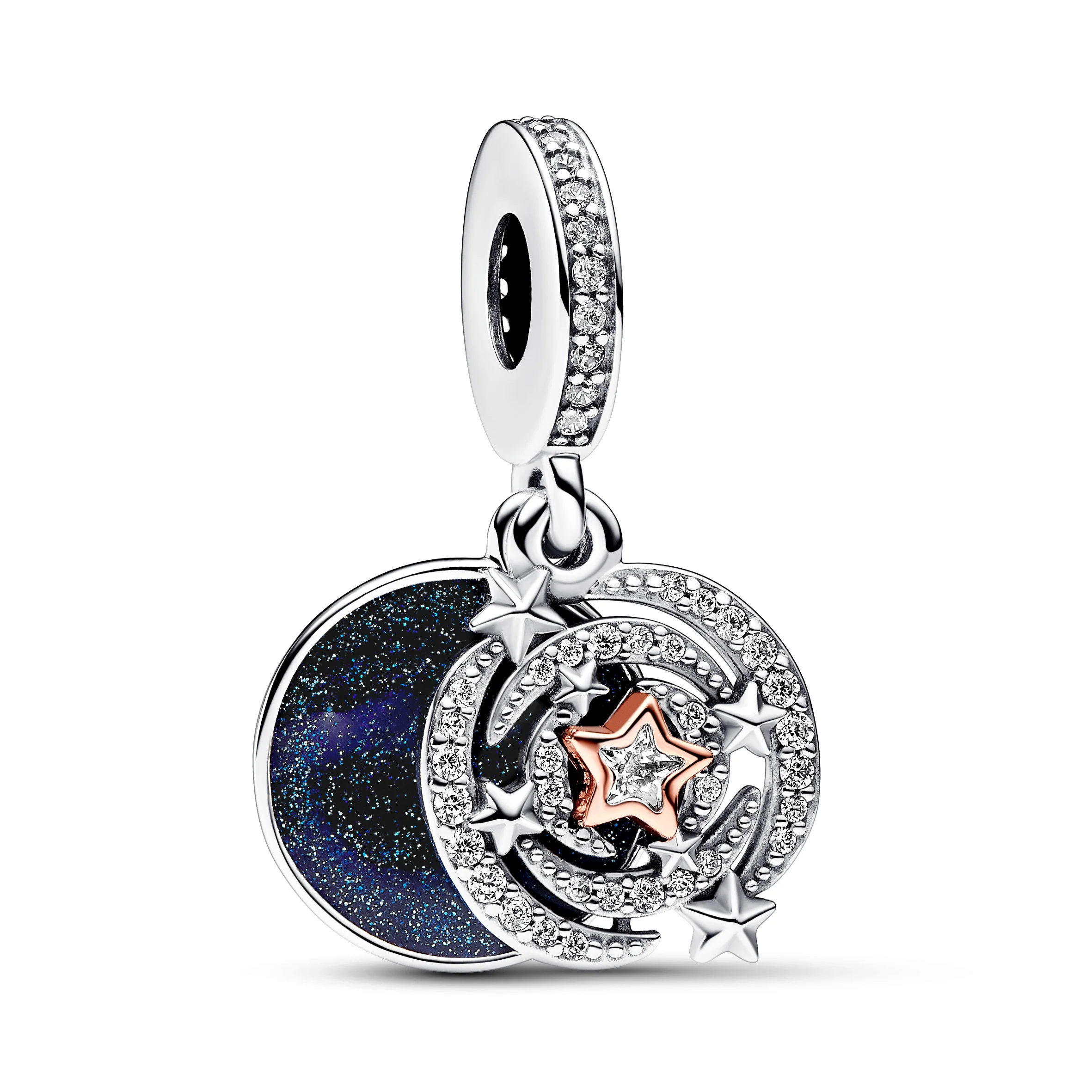 Shooting Star Sterling Silver And 14K Rose Gold-Plated Double Dangle With Clear Cubic Zirconia And Shimmering Blue Enamel