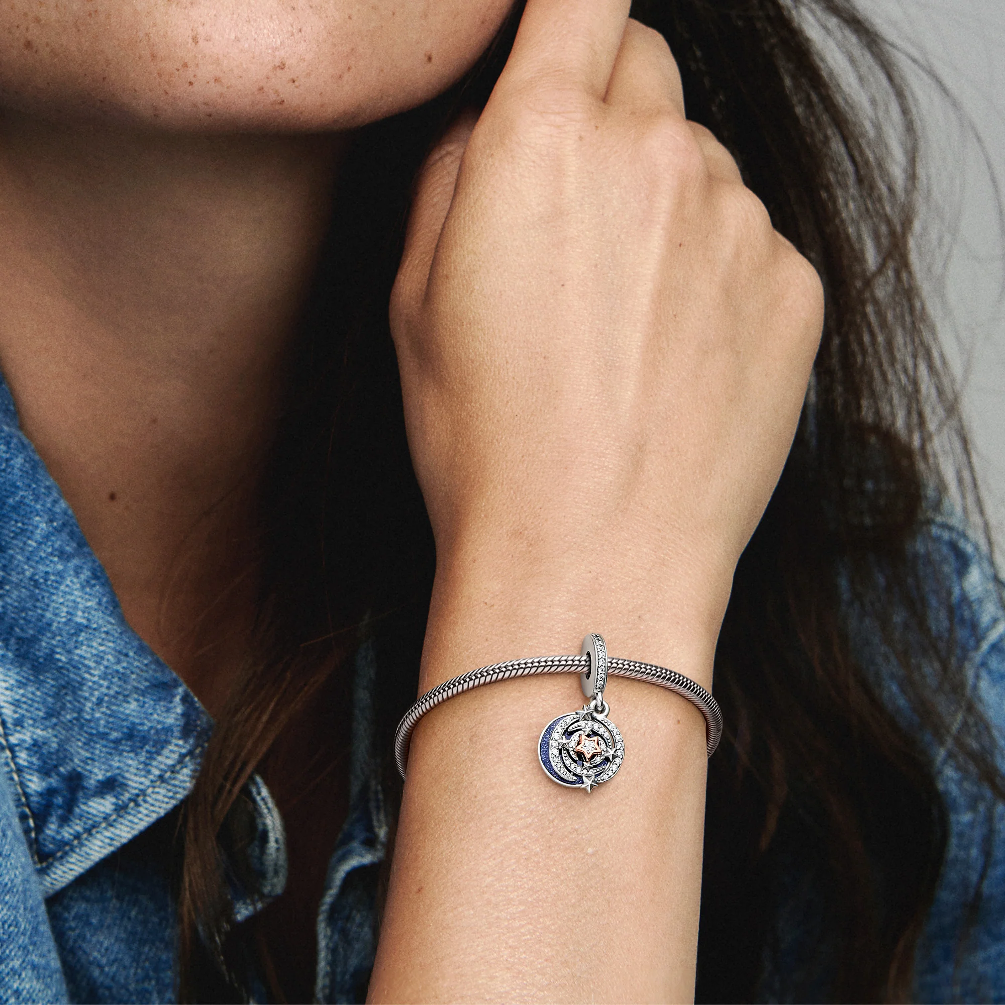 Shooting Star Sterling Silver And 14K Rose Gold-Plated Double Dangle With Clear Cubic Zirconia And Shimmering Blue Enamel - Image 2