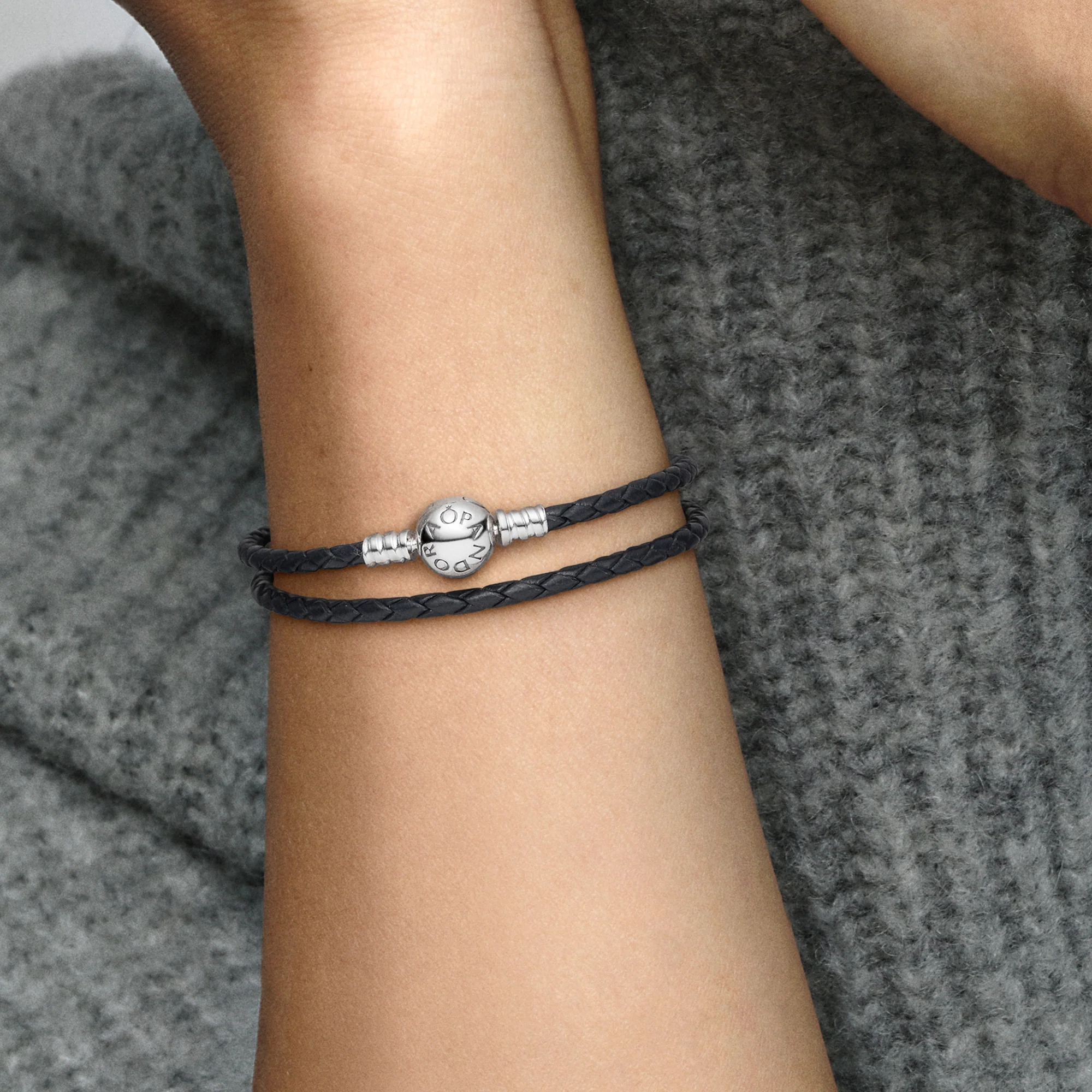 Silver Leather Bracelet, Double, Black - Image 2