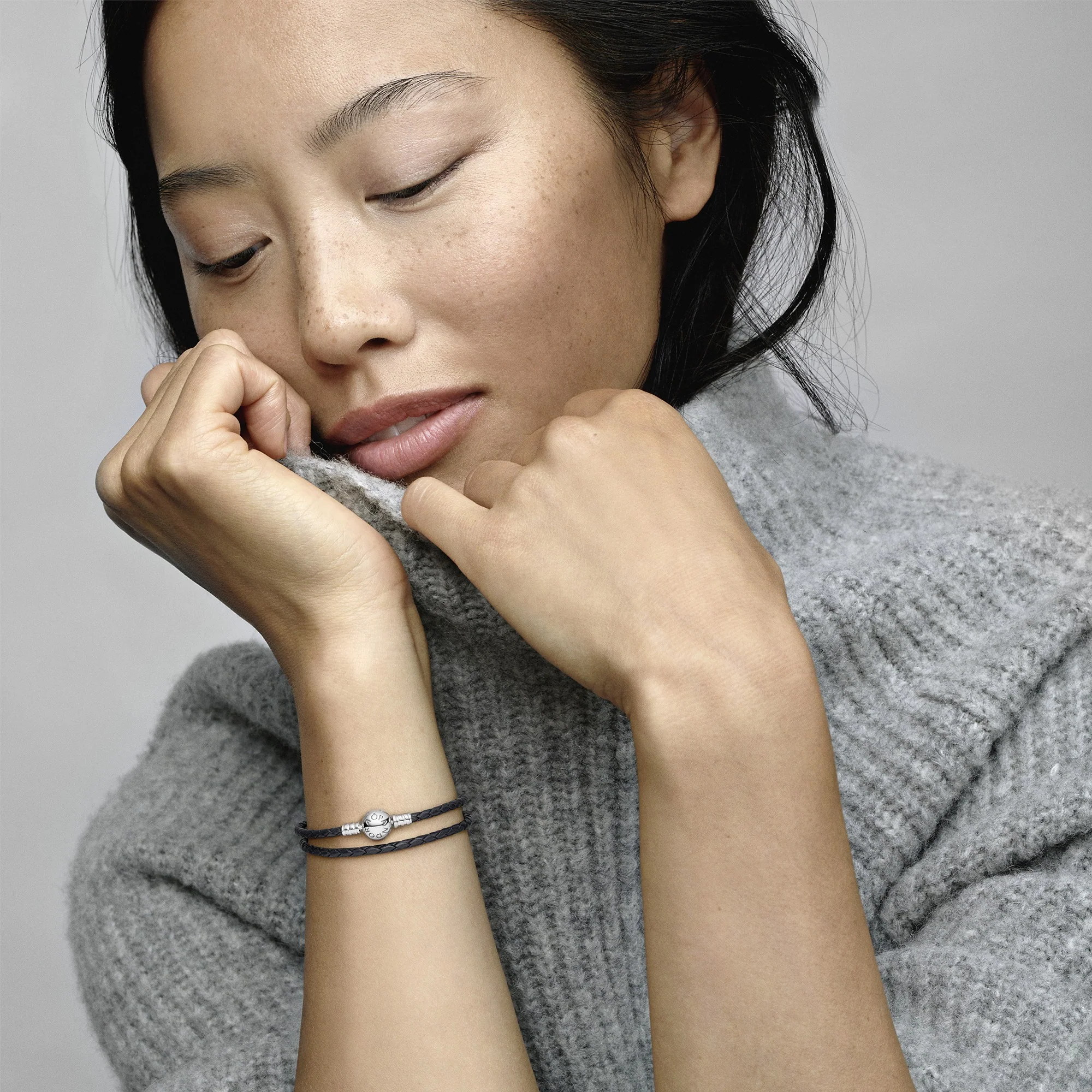 Silver Leather Bracelet, Double, Black - Image 3