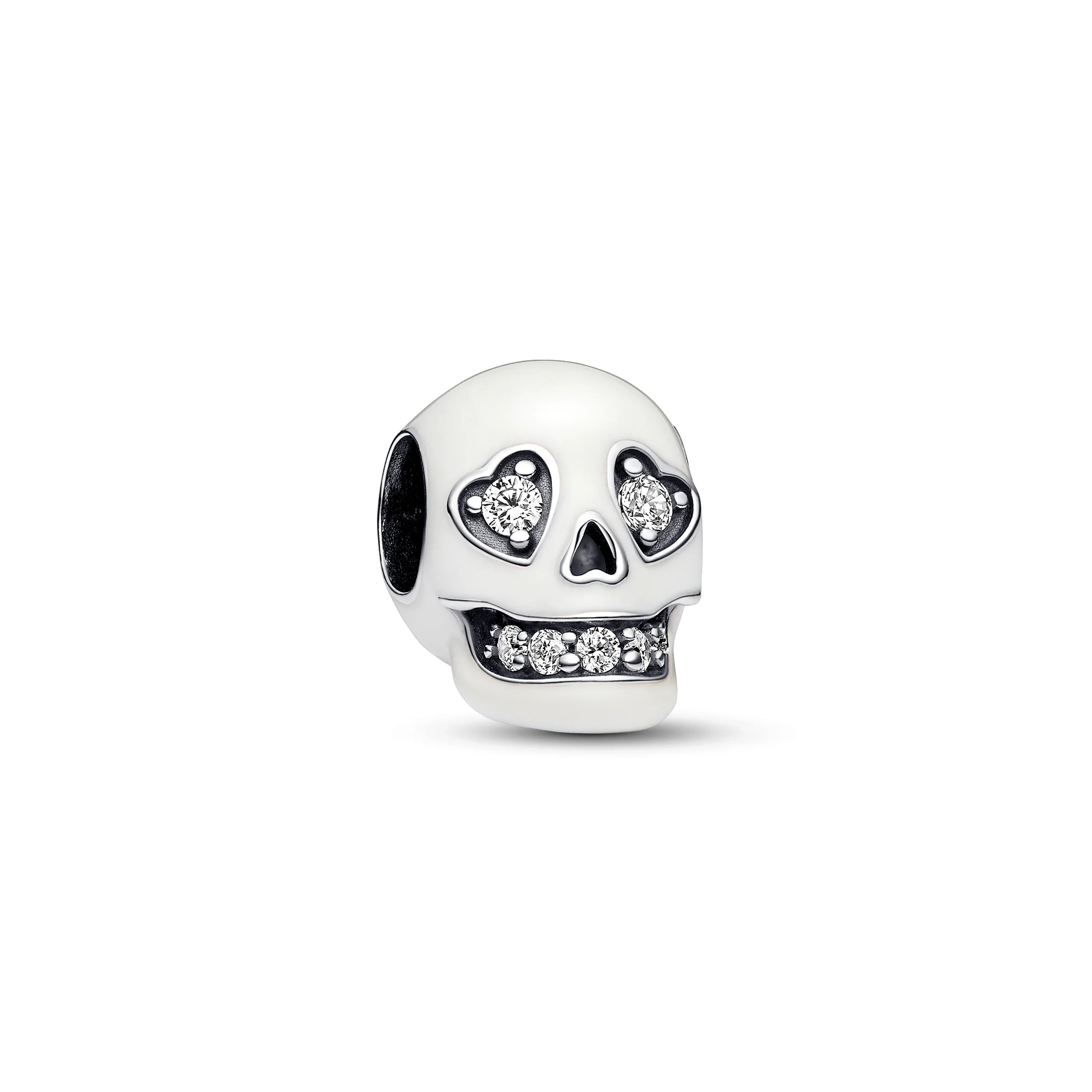 Skull Sterling Silver Charm With Clear Cubic Zirconia And White Glow In The Dark Enamel