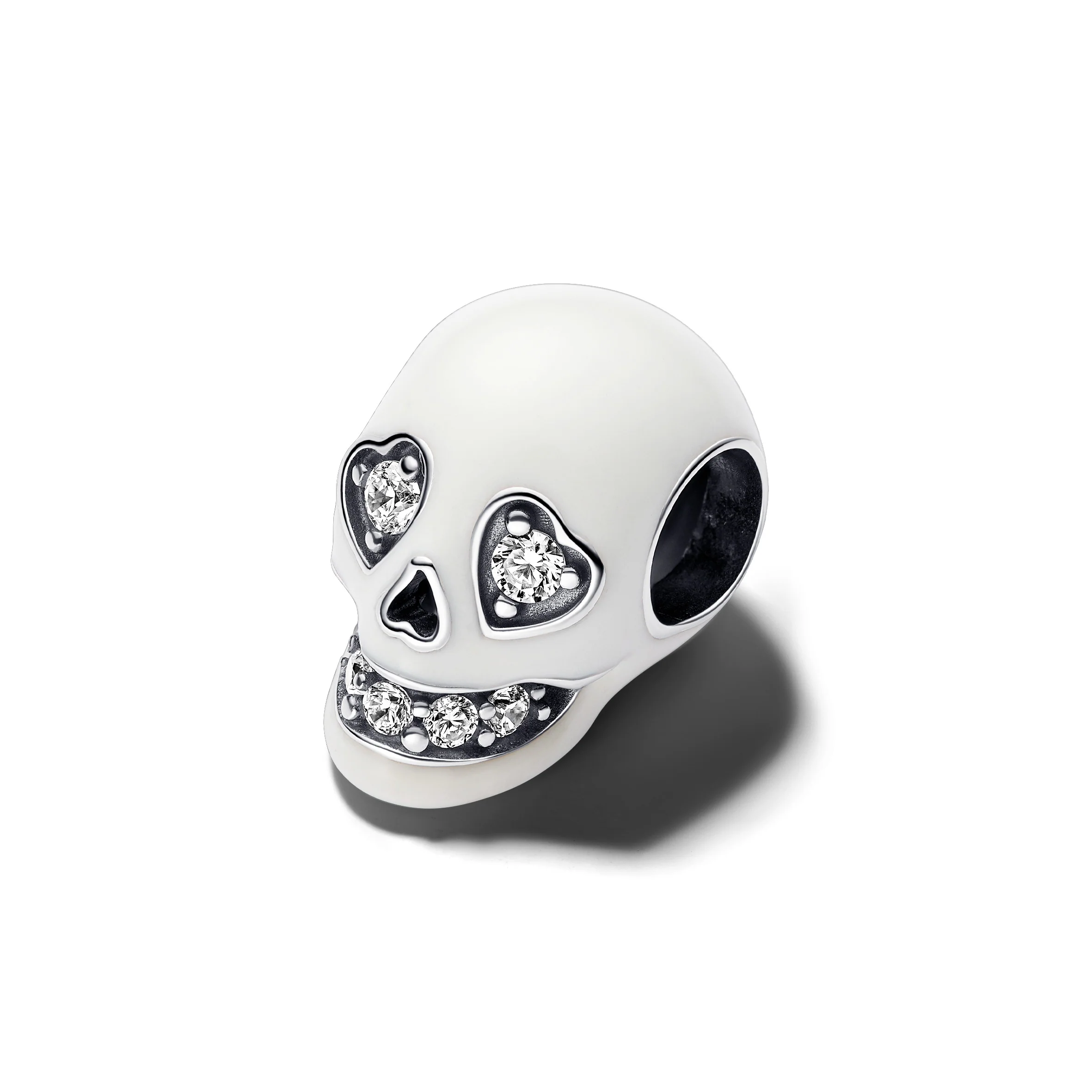 Skull Sterling Silver Charm With Clear Cubic Zirconia And White Glow In The Dark Enamel - Image 3