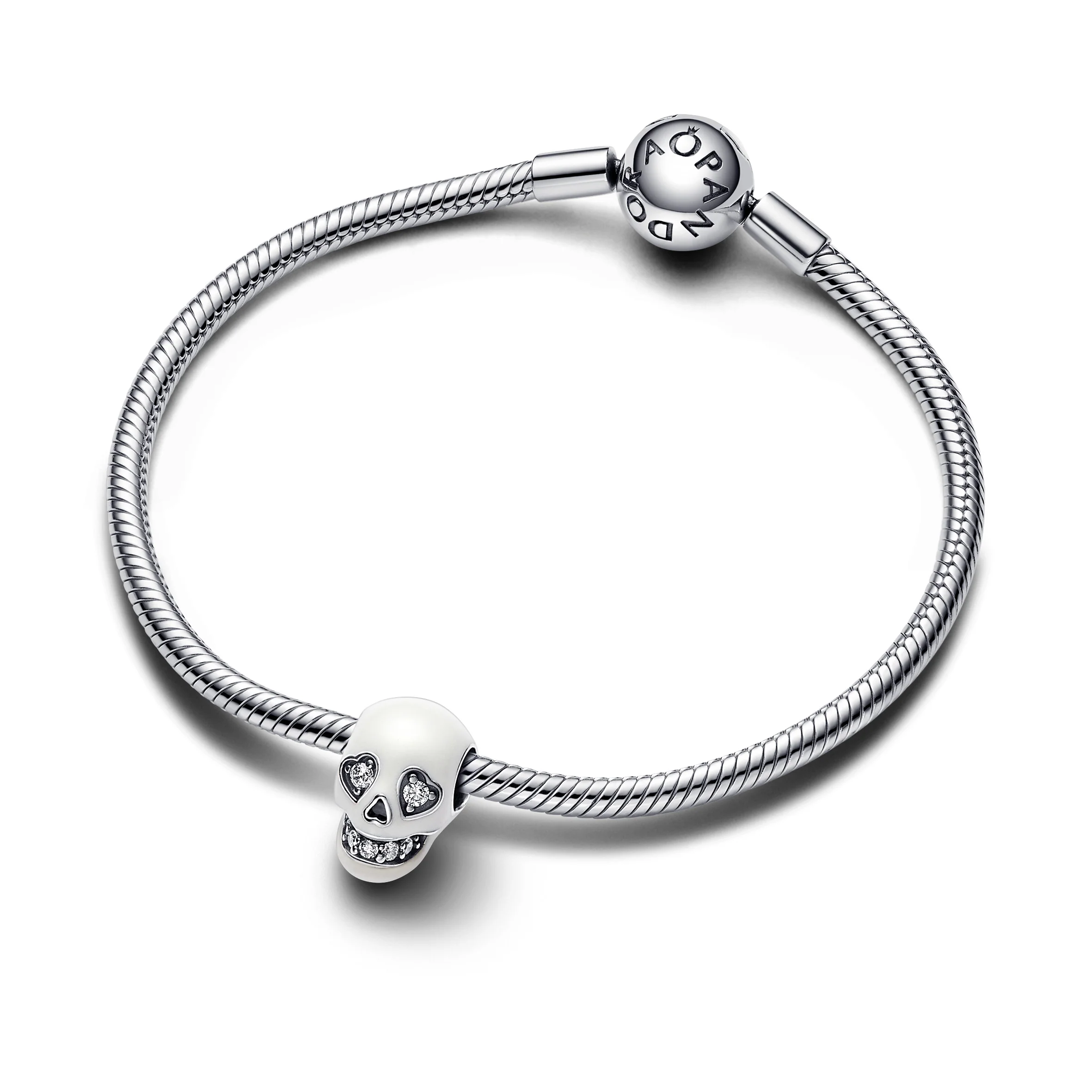Skull Sterling Silver Charm With Clear Cubic Zirconia And White Glow In The Dark Enamel - Image 4